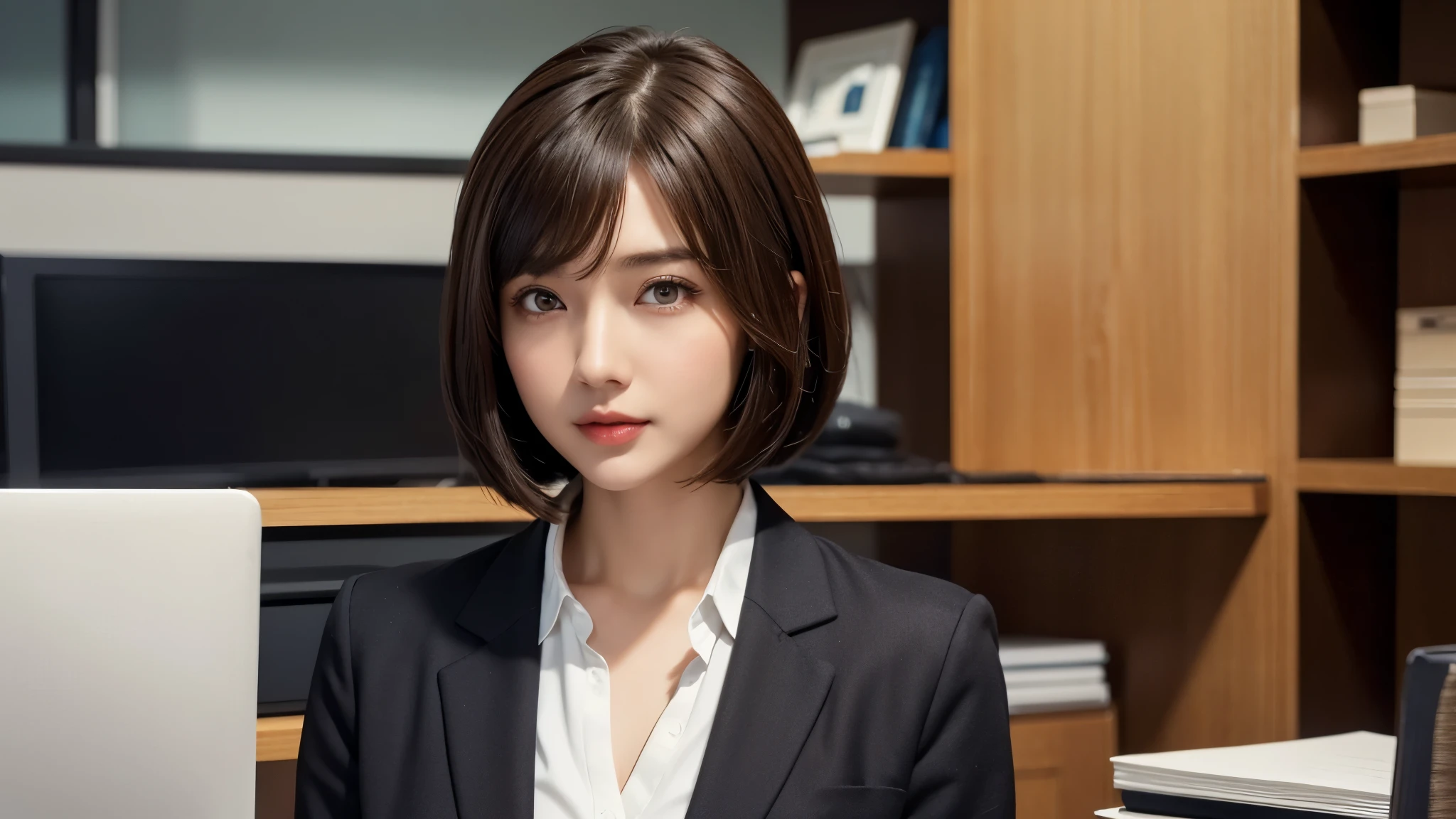 Depicts a new office lady with brown hair and a bob cut.、Generate extremely high quality and realistic CG images。The subject is a woman in her 20s.、wearing a black suit。Details of the suit and texture of the fabric、Texture and luster of brown hair、Please pay close attention to details such as the bob cut hairstyle.。She had a confident look on her face.、Try to give the impression that you take your job seriously in an office environment。The background should be clean and create an office-like atmosphere.。