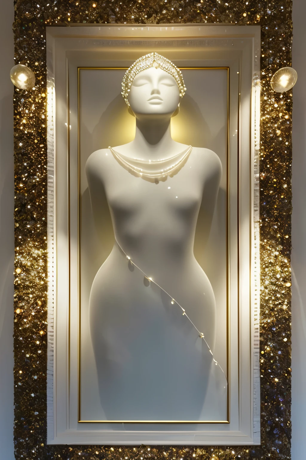 Intricate and captivating, a high-resolution, wide-angle shot captures a stunningly lifelike glass sculpture, meticulously crafted in the form of a graceful black woman. Adorned in a shimmering pearl dress that cascades around her, and adorned with a delicate pearl necklace, the figure stands against the backdrop of a dimly lit room. The sunlight streams through the holes in the wall and ventilators, casting moody chiaroscuro lighting that enhances the sculpture's ethereal beauty. The transparency of the glass allows the golden hues of the pearls to reflect and refract the light, creating a mes