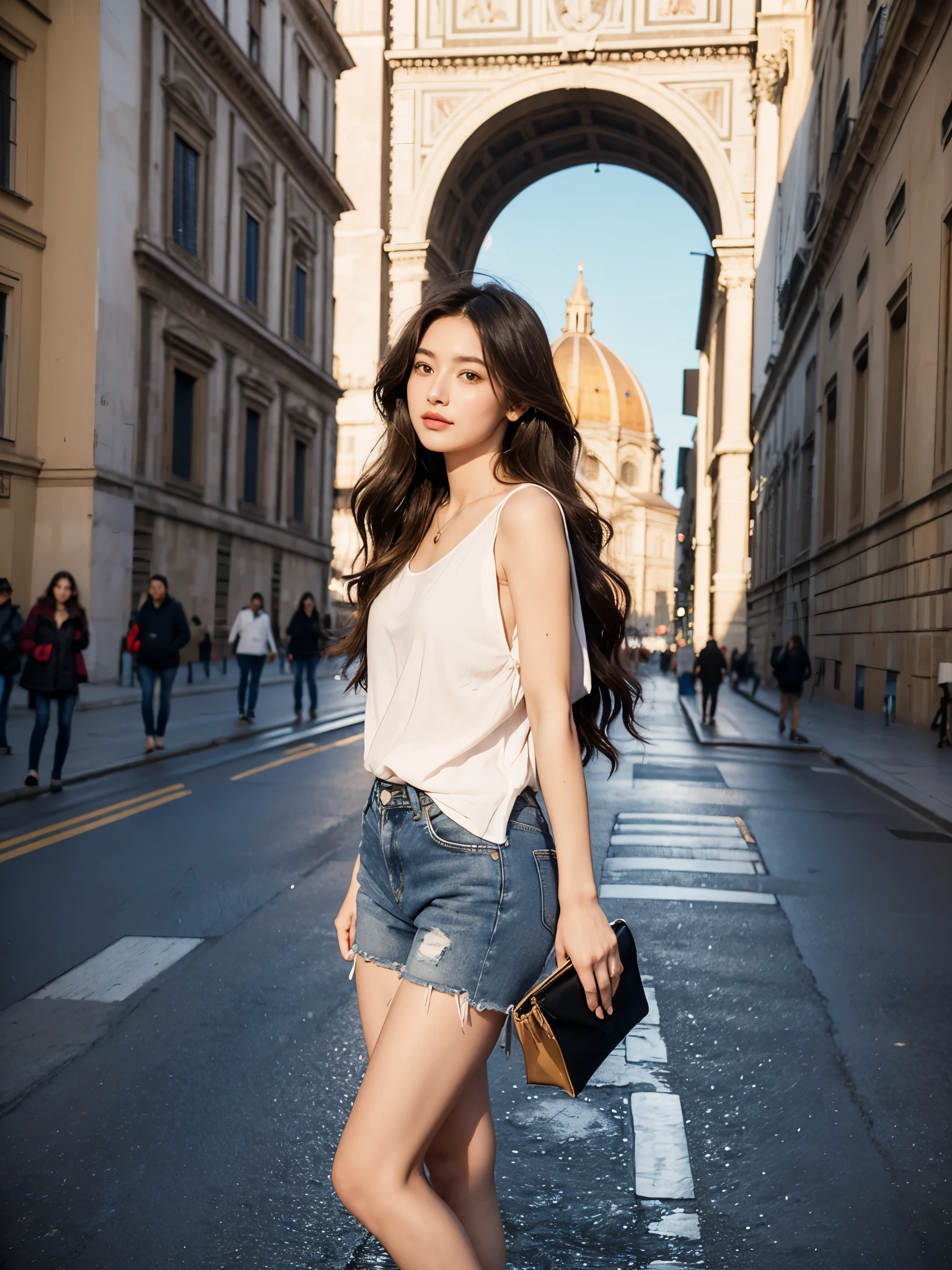 Beautiful woman, long wavy hair, in the middle of the street, short clothes,casual style, spring,  florance, florance duomo, cathedral