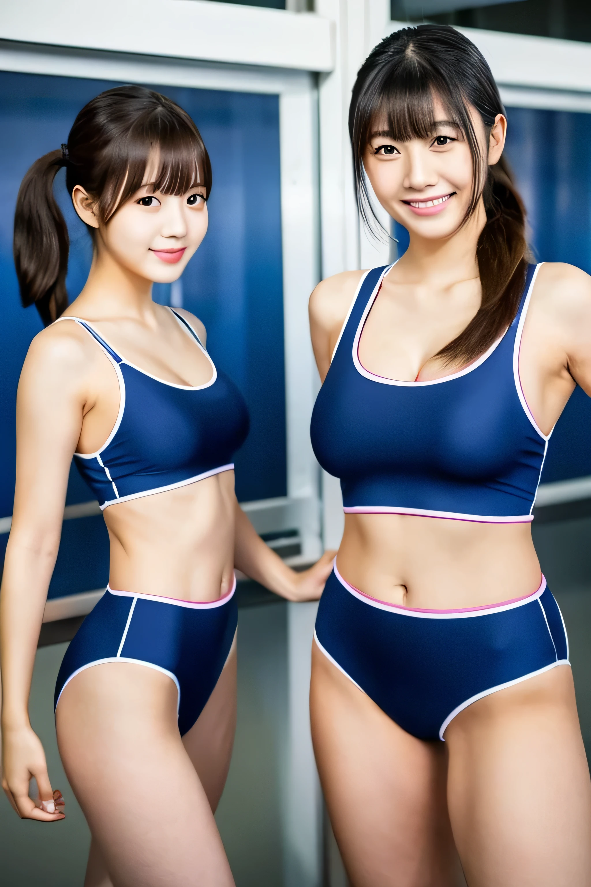 Thin woman, Japanese women ,-yeld mo,smile,thick,Pro wrestling fighting pose,a healthy woman,smile,(Shiny navy blue one-piece school swimsuit,Logo mark on chest(Shiny)), strap,Attractive body, Small breasts,Twin tails,Long Hair ,bangs , Bold Pose,thigh , Realistic, High quality 8k, perfection, Best image quality,Abdominal swelling,Airport night view