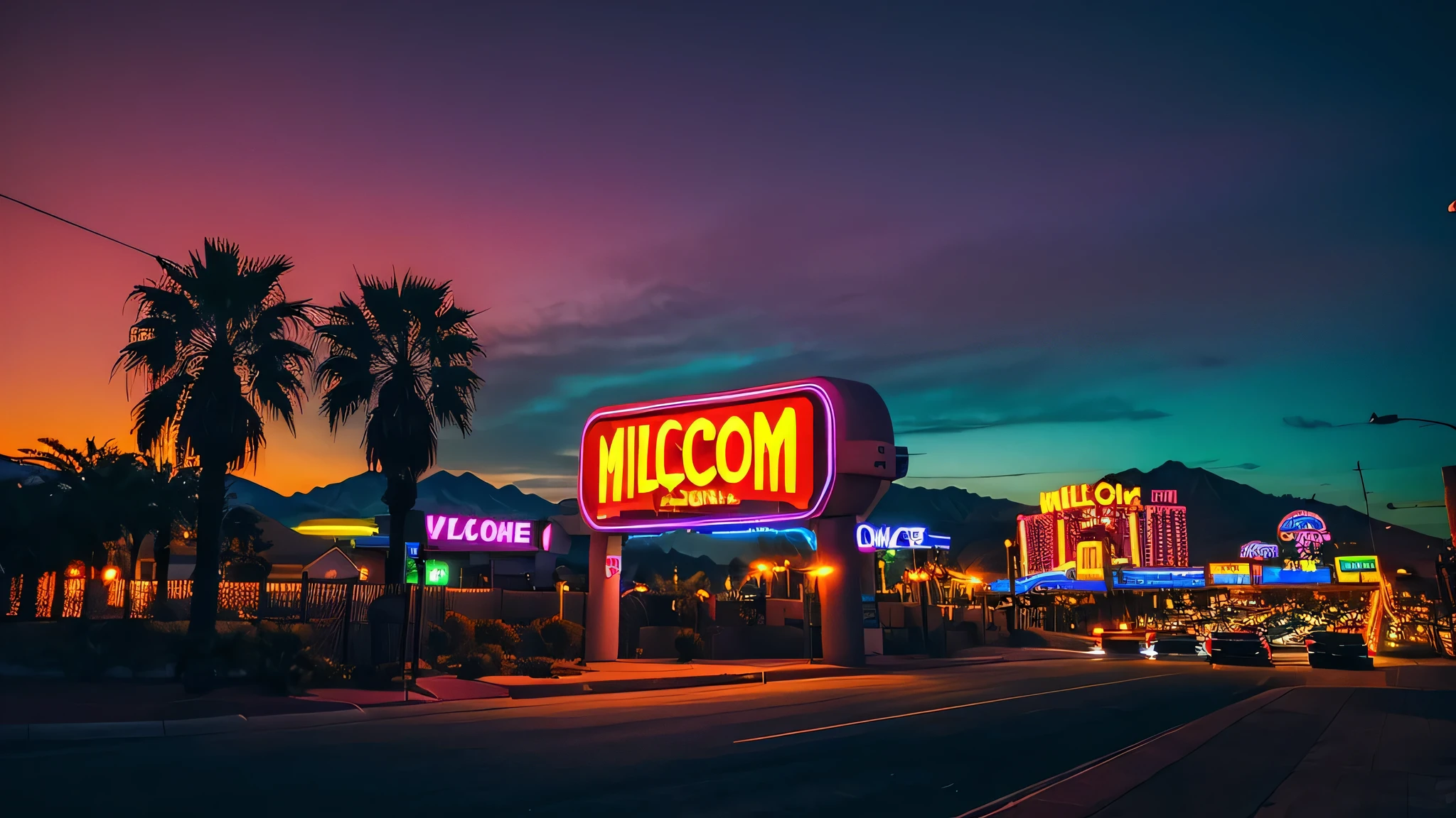 A realistic image of the iconic ‘Welcome to Mellow Bass LOFI’ sign at dusk. The sign is brightly lit with its classic neon lights, and the sky in the background transitions from warm sunset colors to a deep evening blue. The surrounding area is slightly dark, emphasizing the glow of the sign. The scene captures the vibrant atmosphere and the allure of Las Vegas