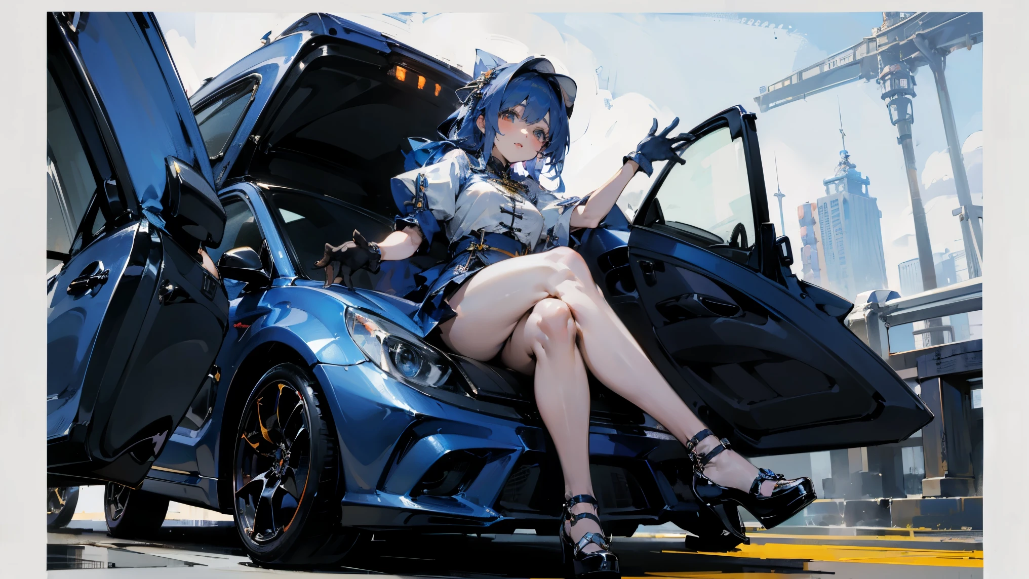 ((best quality)), Jewelry Packaging)),((1 Obese girl))，car，Cross your legs，Dark blue hair，在car里，inside a car，Platform shoes，((Gloves))，（Nikolai Fehin），( Fisher, )，背景是car内