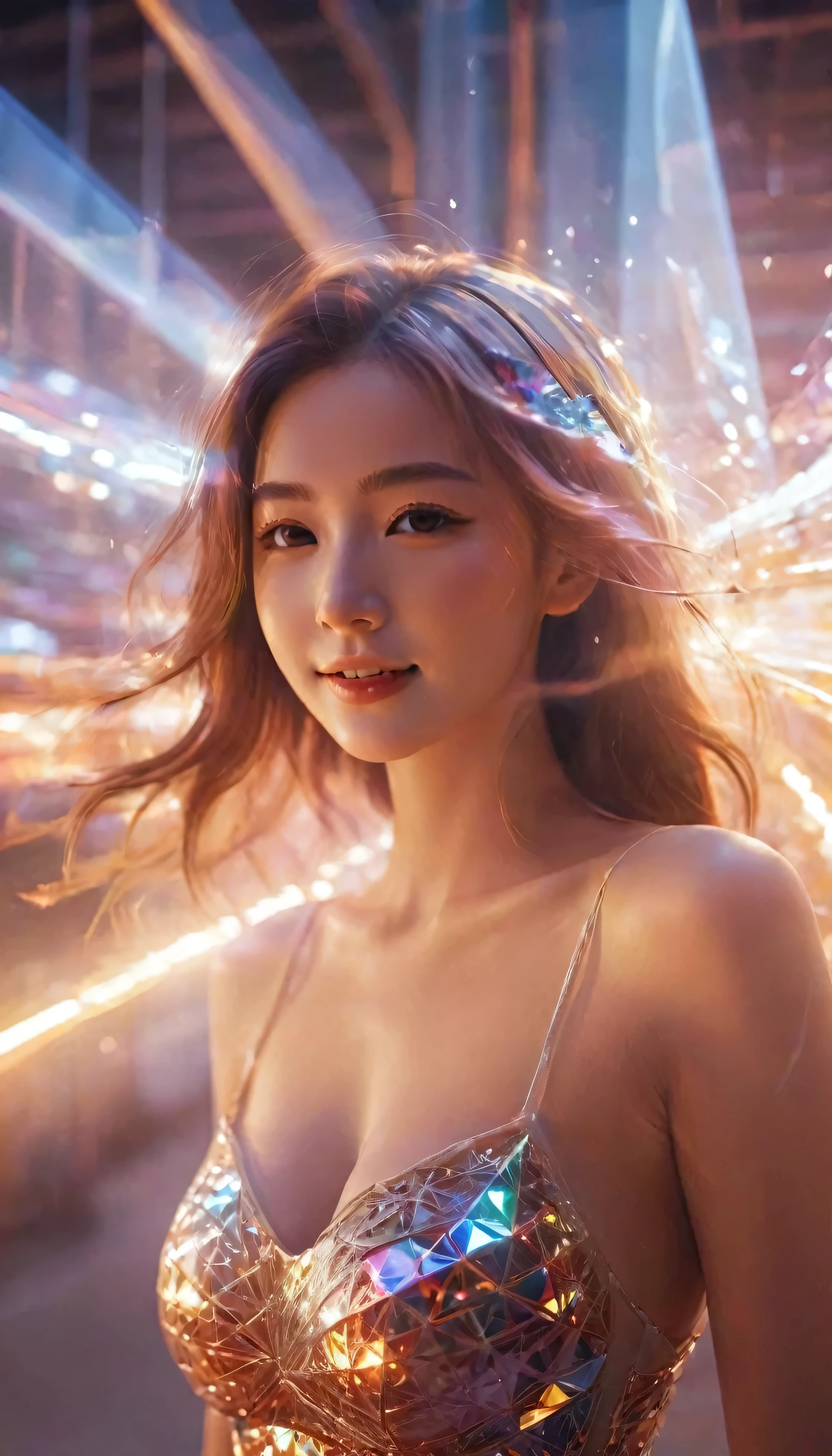 1 Girl,beautiful,Shiny,Motion Blur,triangle,Cinematic lighting effects,close up,Delicate face,exit,Smile,happy,Big breasts