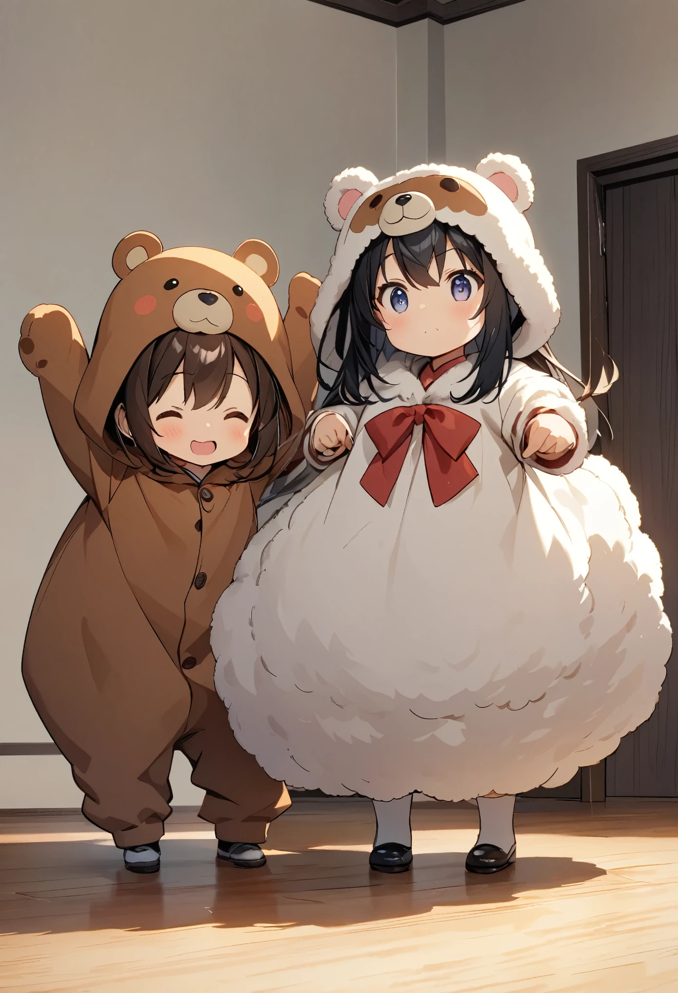 anime, Two Girls:1.2, Alongside, Bear costume, fluffy costume, Little:1.2,Deformation, Cute pose,