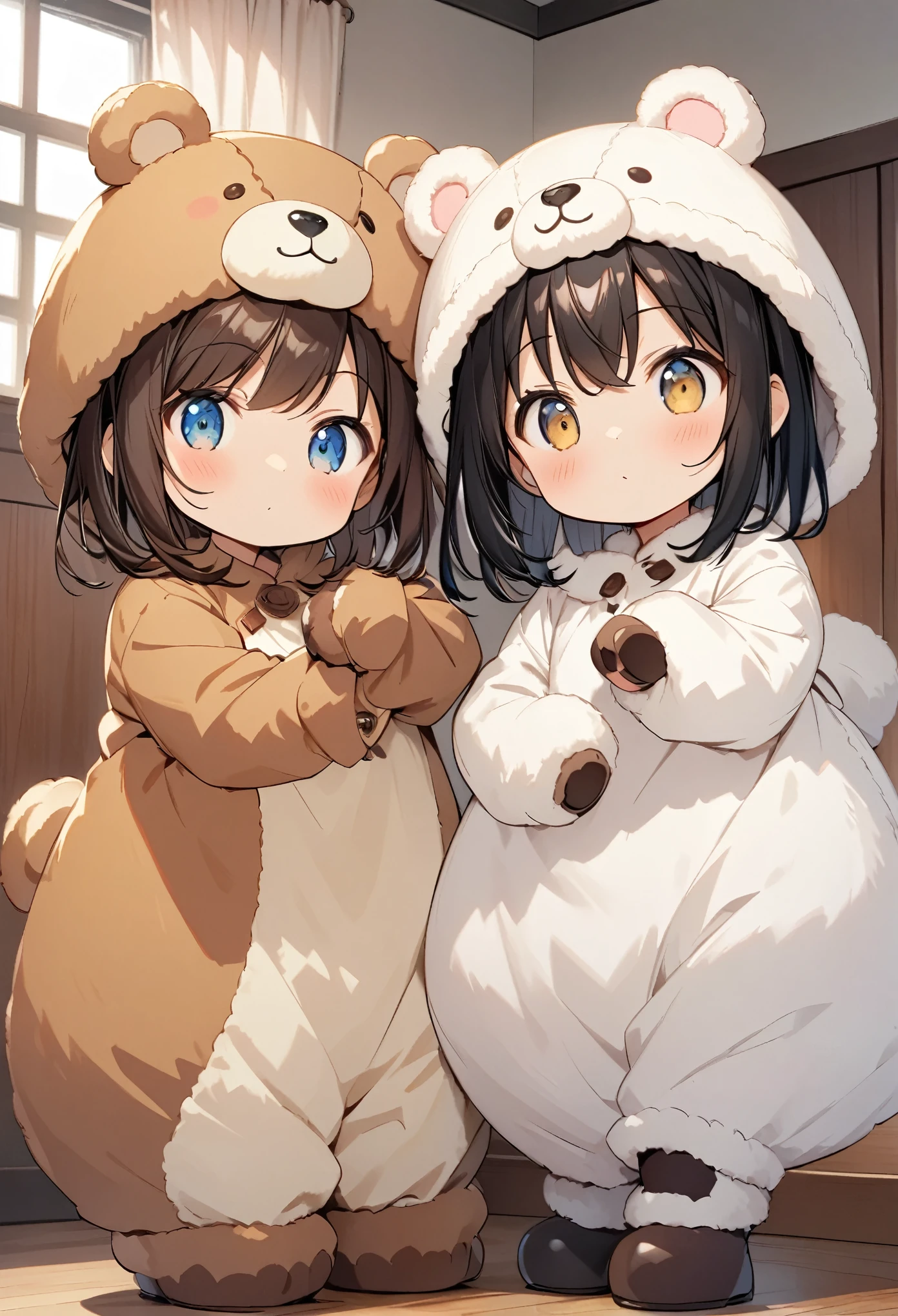anime, Two Girls:1.2, Alongside, Bear costume, fluffy costume, Little:1.2,Deformation, Cute pose,