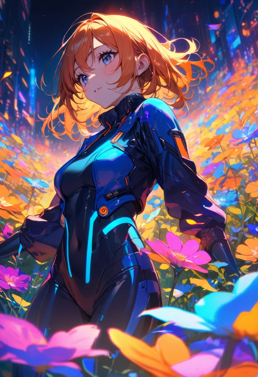 Girl with orange hair, in a blue cyberpunk suit, In a colorful meadow, at night