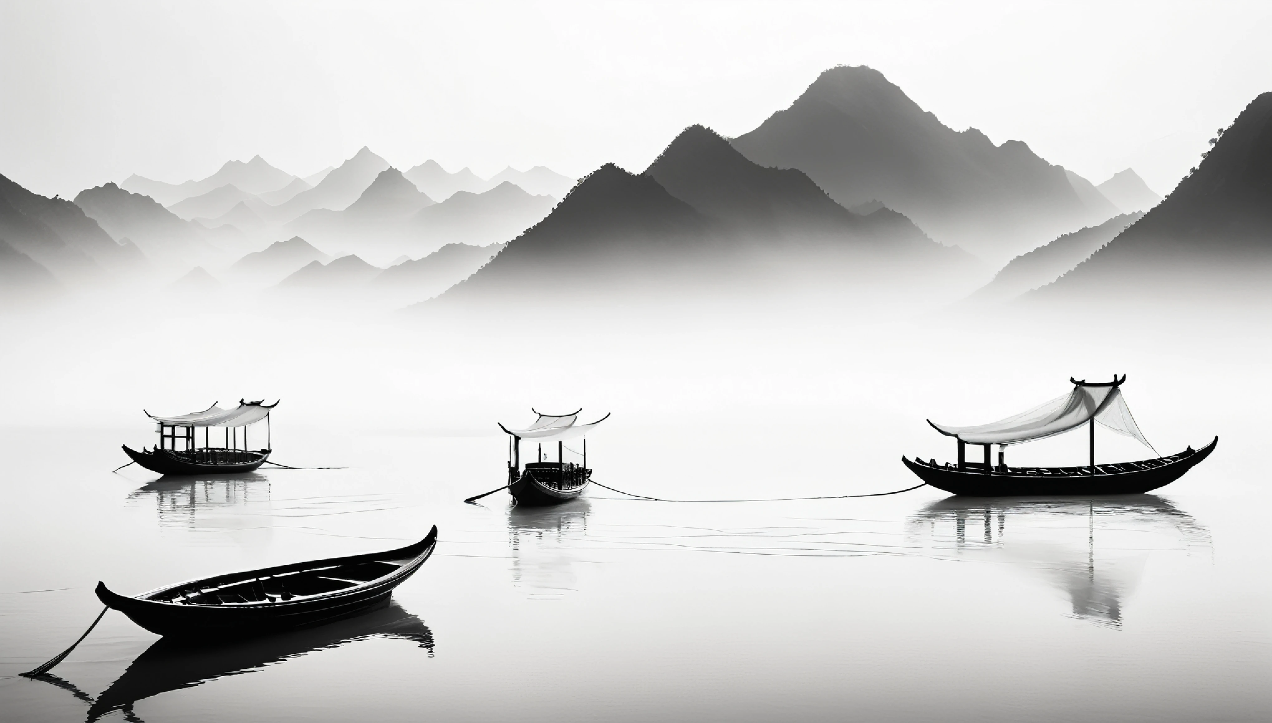 Black and white ink, white translucent, minimalism, large blank areas, perspective aesthetics, ancient Chinese minimalist paintings, boats, mountains looming in the distance, transparent model, macro zoom, veil, veil filled with calligraphy, pure white background, artistic conception, depth of field , black and white photography