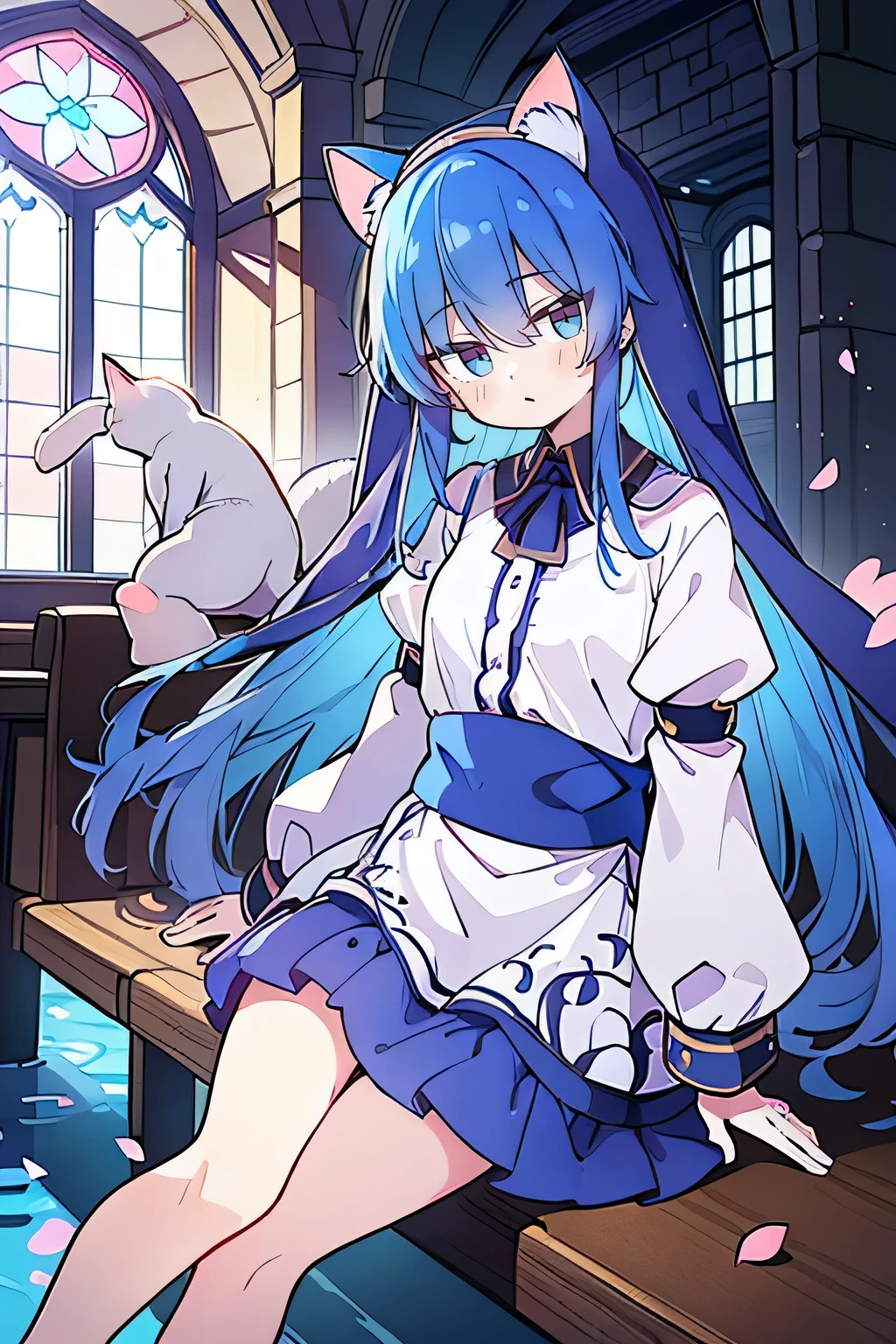 (masterpiece:1.2),Extremely detailed,Practical,expressive eyes,Fair skin,Perfect face shaping,1 Girl,
Japanese cartoons,Gorgeous blue hair, the long flowing blue hair,Floating clothes,Cat ears,Petals fall,beautiful lola,Young Angel,
Place your hands on your waist,sit elegantly on the ground,Cross your legs,Gentle and peaceful background,church,nun.
