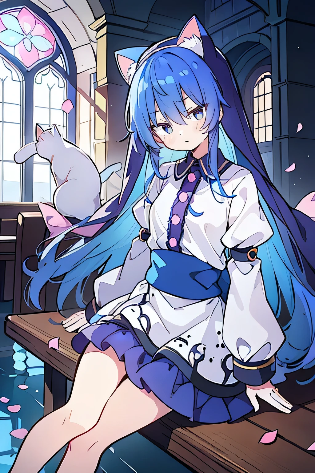 (masterpiece:1.2),Extremely detailed,Practical,expressive eyes,Fair skin,Perfect face shaping,1 Girl,
Japanese cartoons,Gorgeous blue hair, the long flowing blue hair,Floating clothes,Cat ears,Petals fall,beautiful lola,Young Angel,
Place your hands on your waist,sit elegantly on the ground,Cross your legs,Gentle and peaceful background,church,nun.