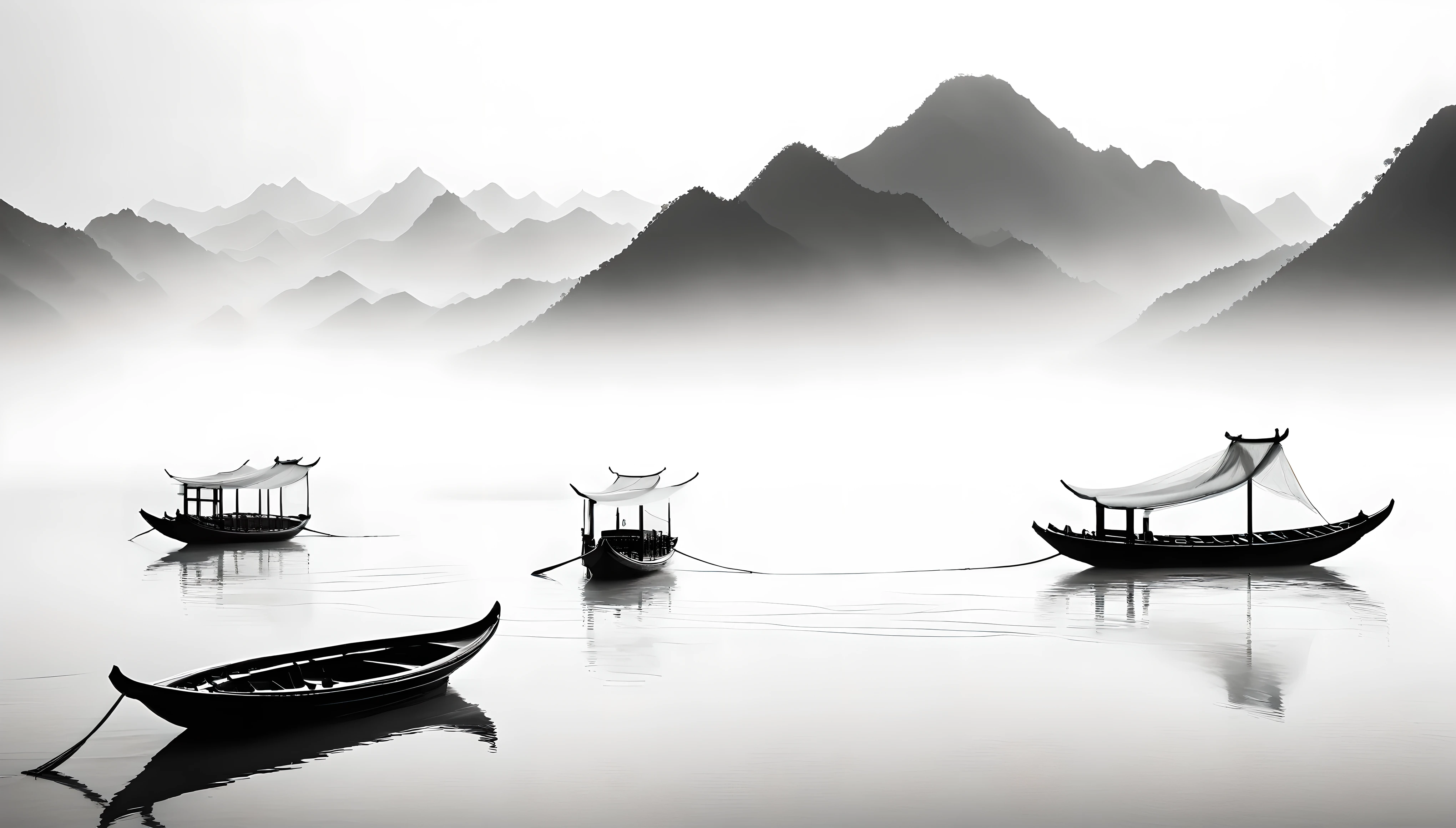 Black and white ink, white translucent, minimalism, large blank areas, perspective aesthetics, ancient Chinese minimalist paintings, boats, mountains looming in the distance, transparent model, macro zoom, veil, veil filled with calligraphy, pure white background, artistic conception, depth of field , black and white photography