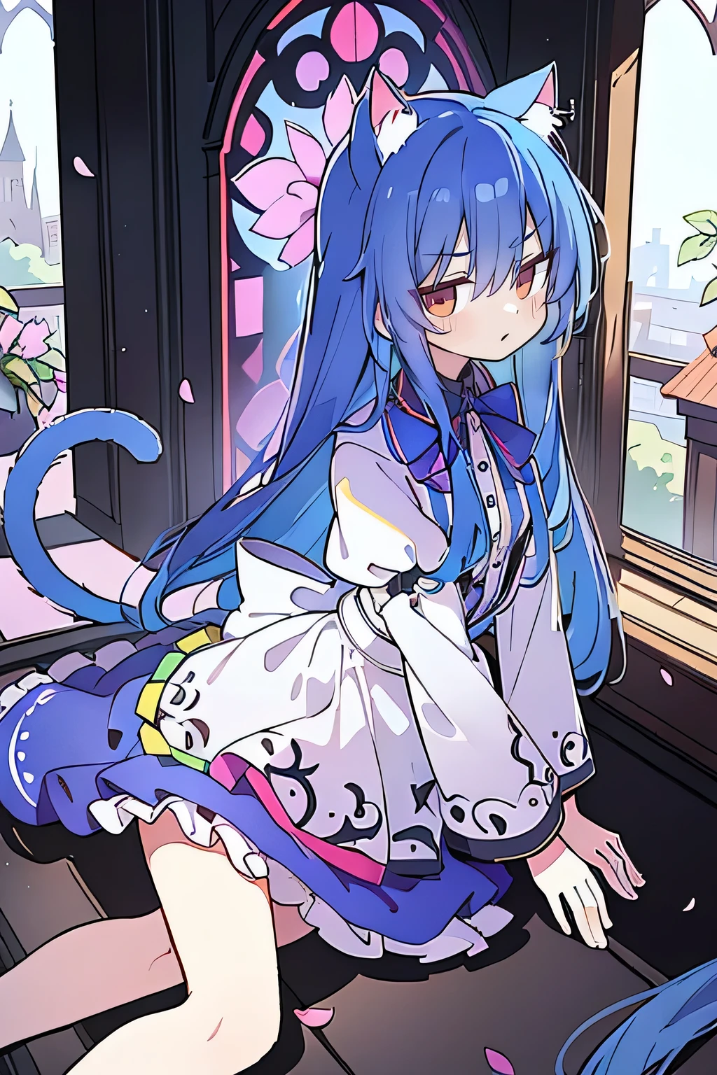 (masterpiece:1.2),Extremely detailed,Practical,expressive eyes,Fair skin,Perfect face shaping,1 Girl,
Japanese cartoons,Gorgeous blue hair, the long flowing blue hair,Floating clothes,Cat ears,Petals fall,beautiful lola,Young Angel,
Place your hands on your waist,sit elegantly on the ground,Cross your legs,Gentle and peaceful background,church,nun.