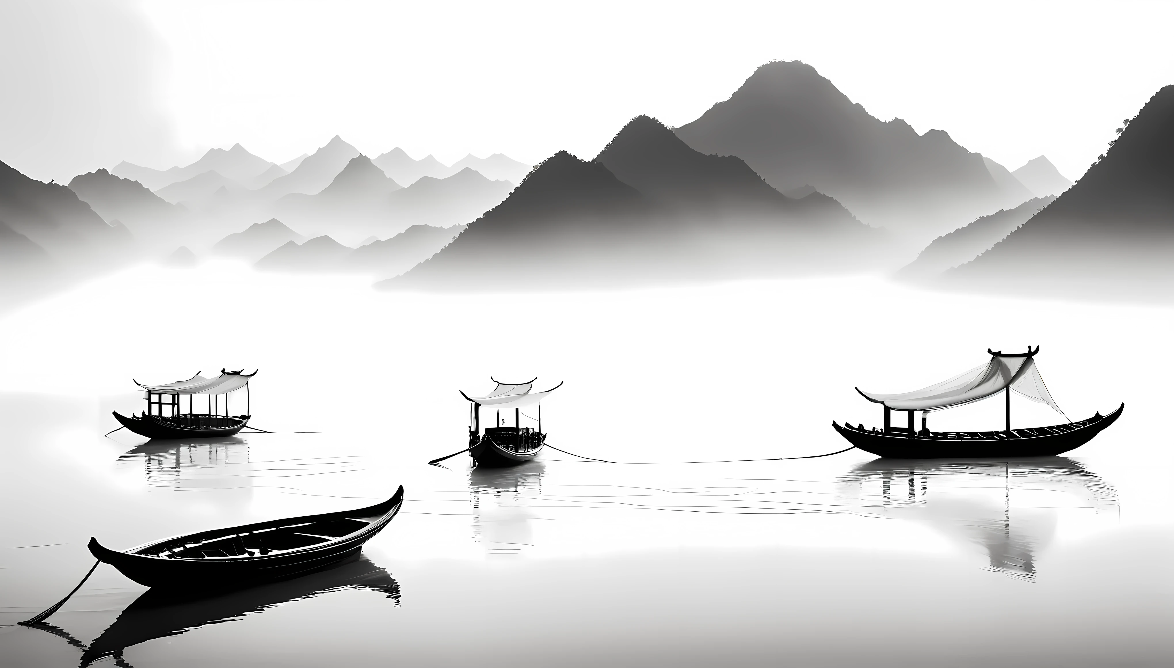 Black and white ink, white translucent, minimalism, large blank areas, perspective aesthetics, ancient Chinese minimalist paintings, boats, mountains looming in the distance, transparent model, macro zoom, veil, veil filled with calligraphy, pure white background, artistic conception, depth of field , black and white photography