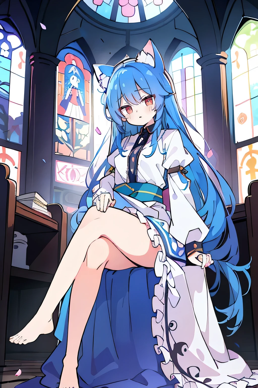 (masterpiece:1.2),Extremely detailed,Practical,expressive eyes,Fair skin,Perfect face shaping,1 Girl,
Japanese cartoons,Gorgeous blue hair, the long flowing blue hair,Floating clothes,Cat ears,Petals fall,beautiful lola,Young Angel,
Place your hands on your waist,sit elegantly on the ground,Cross your legs,Gentle and peaceful background,church,nun.
