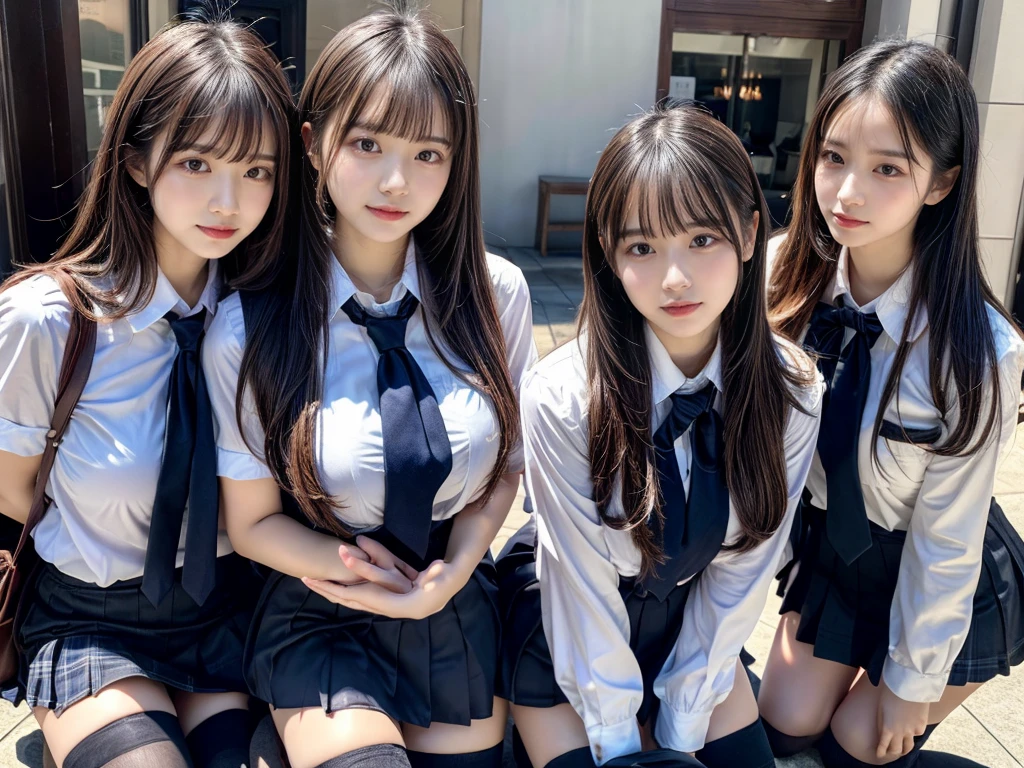 (8K, Raw photography, top-quality, ​masterpiece:1.2), master piece, best quality, illustration, Super detailed, fine details, High resolution, 8K,wall paper, perfect dynamic composition,(Details High quality, realistic depiction of eyes:1.3), ((2 girls, 2 schoolgirls)), The background is a luxury hotel room、High school girl uniform、blazer 、Super Short Check Uniform Skirt、Navy blue high socks、garterbelts、Colossal tits、Disturbed uniform, Play with each other,Touching each other's bodies,Touching the body of the girl next door, short bob hair, black hair color, huge breasts, Big Natural Color Lip, bold sexy pose, (perfect body shape), crying a little、cold gaze,  Beautiful makeup,glitter makeup,Cutest 18 years old, beautiful legs, hposing Gravure Idol, Voluptuous thighs