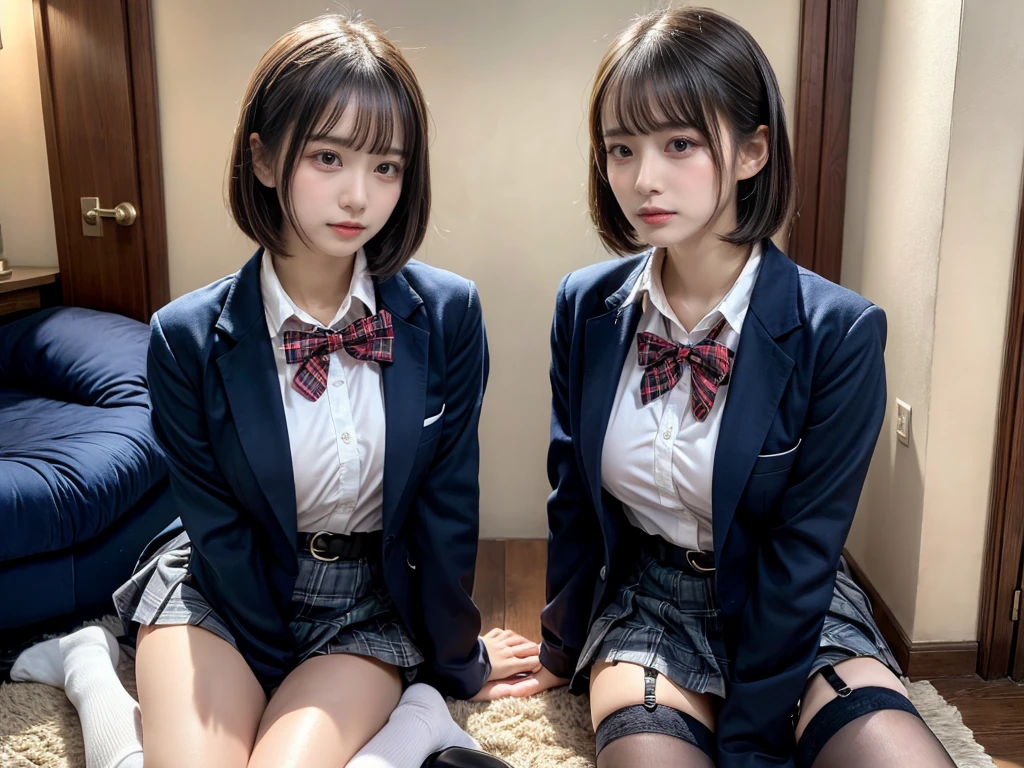(8K, Raw photography, top-quality, ​masterpiece:1.2), master piece, best quality, illustration, Super detailed, fine details, High resolution, 8K,wall paper, perfect dynamic composition,(Details High quality, realistic depiction of eyes:1.3), ((2 girls, 2 schoolgirls)), The background is a luxury hotel room、High school girl uniform、blazer 、Super Short Check Uniform Skirt、Navy blue high socks、garterbelts、Colossal tits、Disturbed uniform, Play with each other,Touching each other's bodies,Touching the body of the girl next door, short bob hair, black hair color, huge breasts, Big Natural Color Lip, bold sexy pose, (perfect body shape), crying a little、cold gaze,  Beautiful makeup,glitter makeup,Cutest 18 years old, beautiful legs, hposing Gravure Idol, Voluptuous thighs