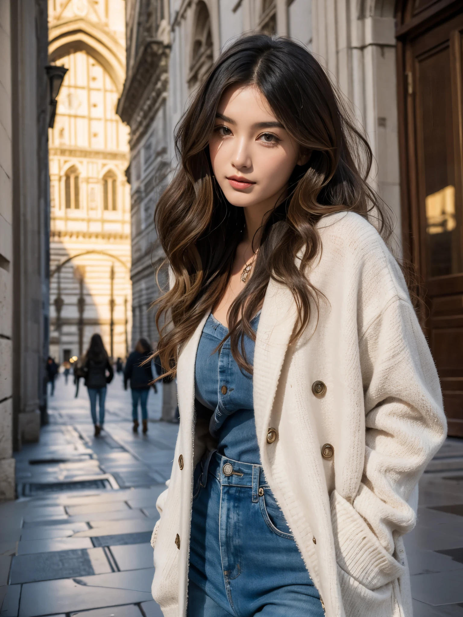Beautiful woman, long wavy hair, casual style, spring,  florance, (florance duomo), cathedral