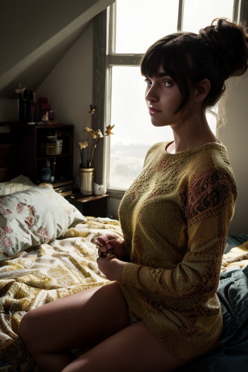 (film grain:0.8), (eye level, centered:1), (photo-realistic, highly detailed:1.4), ultra-realistic, intricate details and lighting, global illumination, volumetric lighting, dslr, subsurface scattering, perfect lighting, volumetric lighting, beautiful aesthetic, wonderful composition, best selling (masterpiece, CMYK color code, colorful:1.2), highest quality, (professional:1) photography, (sharp focus:1), (glossy detailed materials and fabrics and textures:0.7), (film grain:0.9), Kodak portra 800, 800mm lens, complexion blemishes, dermaesthetic, complexion color temperature, [particles (dust, dirt, lighting:0.4):0.7] 18 year old young woman nude, brunette, messy hair in bun, bangs, not looking at camera, in bedroom on bed, looking away, photography style, dark atmospheric, far view, full body in
