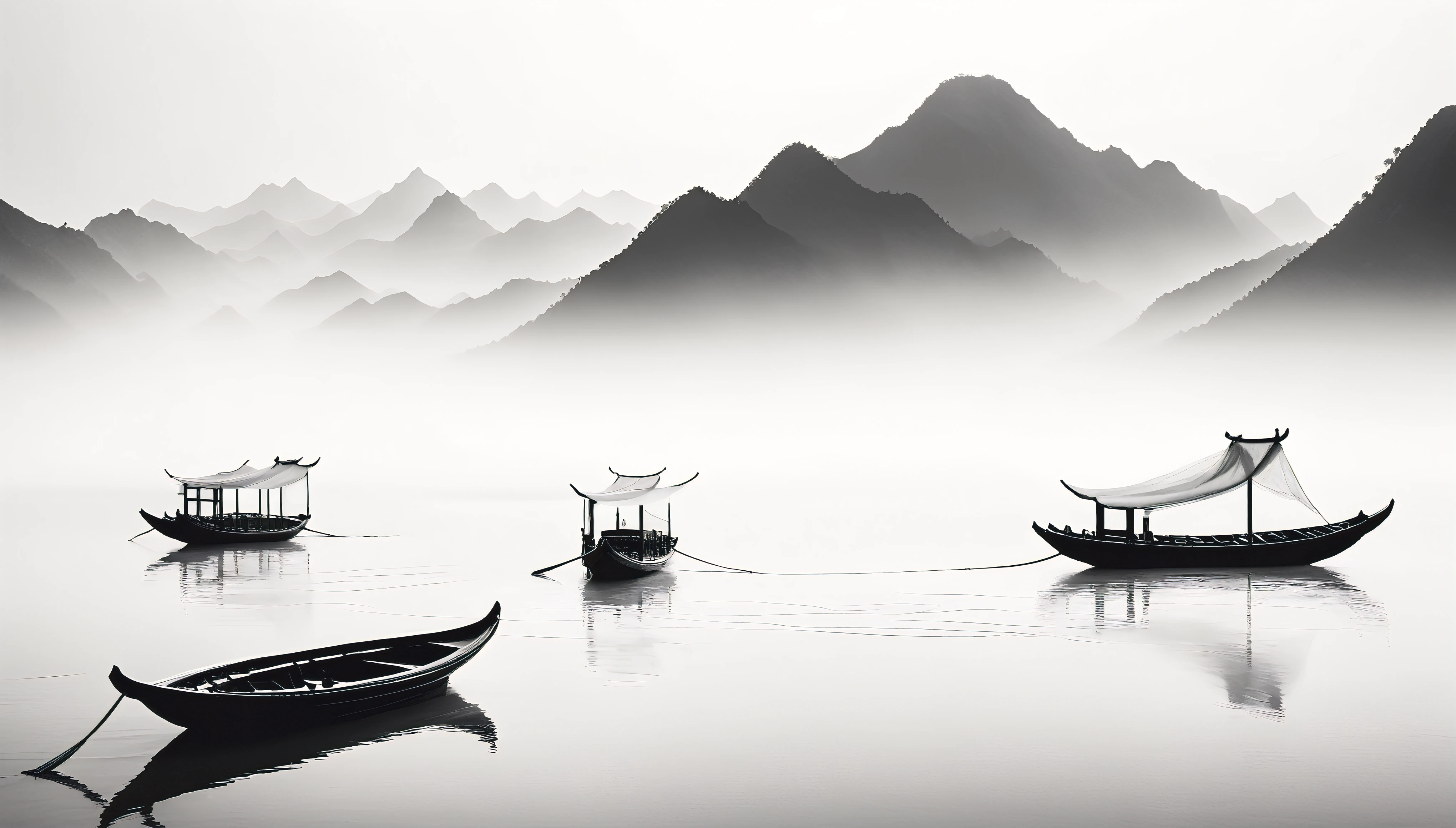 Black and white ink, white translucent, minimalism, large blank areas, perspective aesthetics, ancient Chinese minimalist paintings, boats, mountains looming in the distance, transparent model, macro zoom, veil, veil filled with calligraphy, pure white background, artistic conception, depth of field , black and white photography
