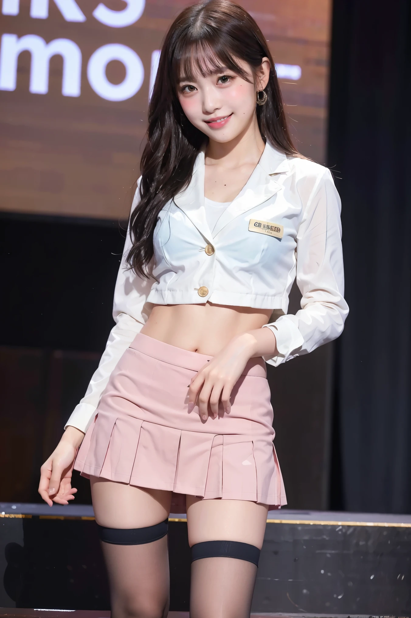 (8k), (highest quality: 1.2), (Realistic), (Realistic: 1.37), Ultra-high resolution, 1 girl, cute, (Embarrassed smile:1.2), (Blushing:1.4)Mouth closed, Beautiful details, Beautiful Nose, Wet Hair, Giant Dulcefo, pork, Thighs,Navel exposed,University Student Uniform,A simple blazer,Pleated skirt,Platform boots,Dancing on the school stage,(光沢のThighs:1.2),Medium Shot