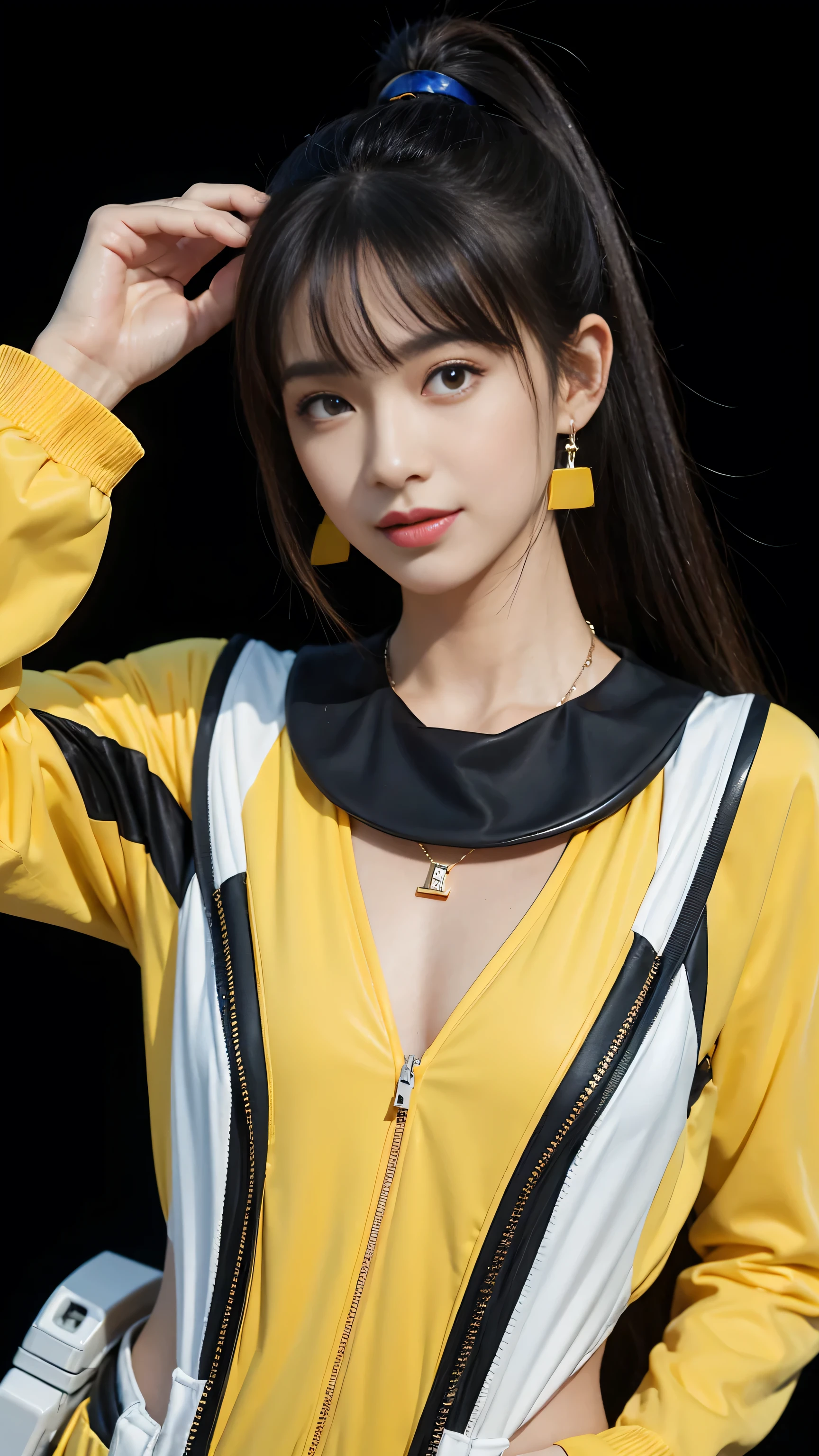 (Canon RF85mm f/1.2,best quality,Reality:1.4,light),Skin texture,Shiny),(necklace,earrings),Smile,Dynamic poses，((Representative works))((Best quality))，80s DBA style，girl，single，Long hair，Looking at the audience，Bangs，Bare shoulders，Keep your mouth shut，Upper Body，Ponytail，Black hair，Lips，Colorful clothes，Wearing a sci-fi space suit，clothed in space suit