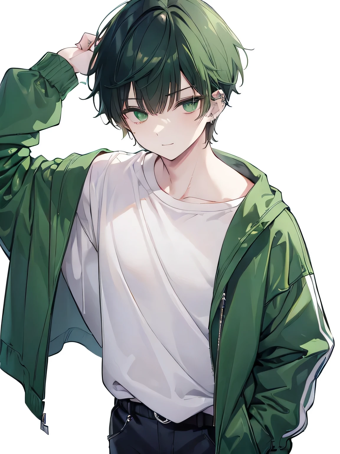 masterpiece , best quality , detailed , ((( 1 male:1.3 ))) , ( male focus:1.2 ) , ( dark green hair ) , (( short length under cut hairstyle )) , very short nape hair , (( heavy bangs )) , ( male face:1.3 ) , oversized wear , ( white thick sweatshirt ) , sharp nose , (( boy eye )) , (( boy face )) , ( many piercings:1.3 ) , green eye , cool eye , eyebrows , happy smile , ( slender:1.2 ) , ( facing the front ) , looking viewer , (( cowboy shot:1.3 )) , ( white background:1.2 )
