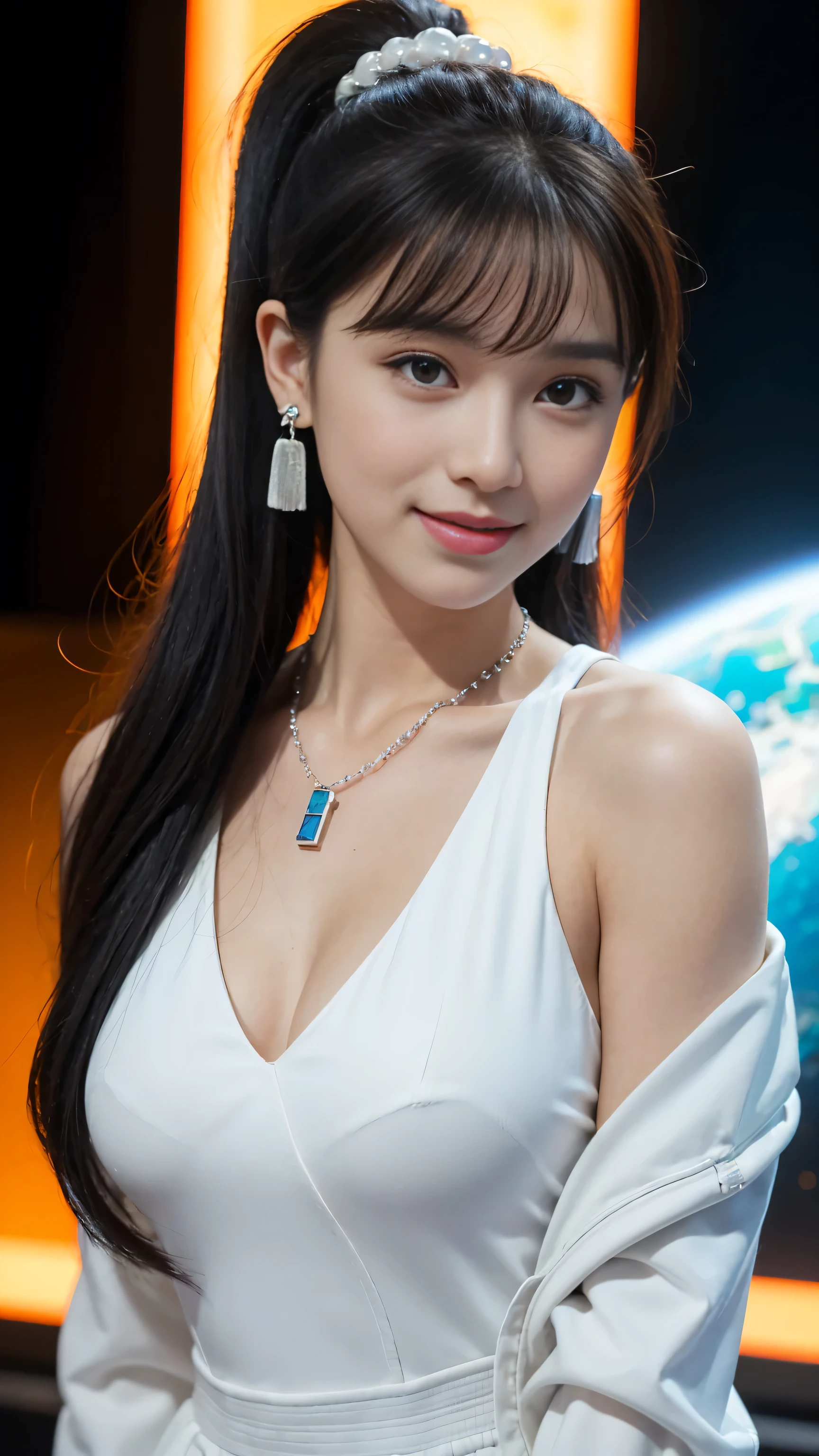 (Canon RF85mm f/1.2,best quality,Reality:1.4,light),Skin texture,Shiny),(necklace,earrings),Smile,Dynamic poses，((Representative works))((Best quality))，80s DBA style，girl，single，Long hair，Looking at the audience，Bangs，Bare shoulders，Keep your mouth shut，Upper Body，Ponytail，Black hair，Lips，Colorful clothes，Wearing a sci-fi space suit，clothed in space suit