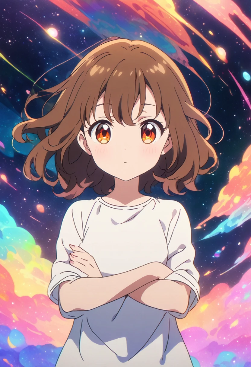 girl, Brown hair, orange eyes, crossed arms, in the middle of space, ((anime style)), White shirt, soft colors, colorful background, space background, soft touches