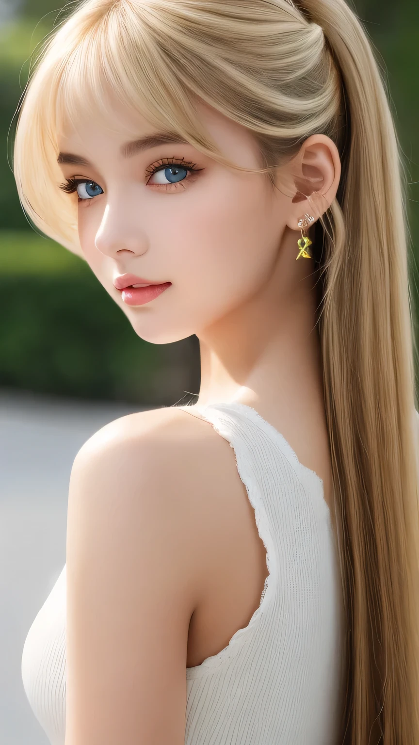 Portrait、、Bright expression、ponytail、Young shiny glossy white glossy skin、Great looks、Blonde reflection、Bangs between the eyes、bangs on the face、Platinum blonde hair with dazzling highlights、Shiny bright hair,、Smooth, super long, straight hair、Shiny beautiful bangs、Sparkling, crystal clear, attractive big blue eyes、Very beautiful, lovely and cute  girl、Ample Bust