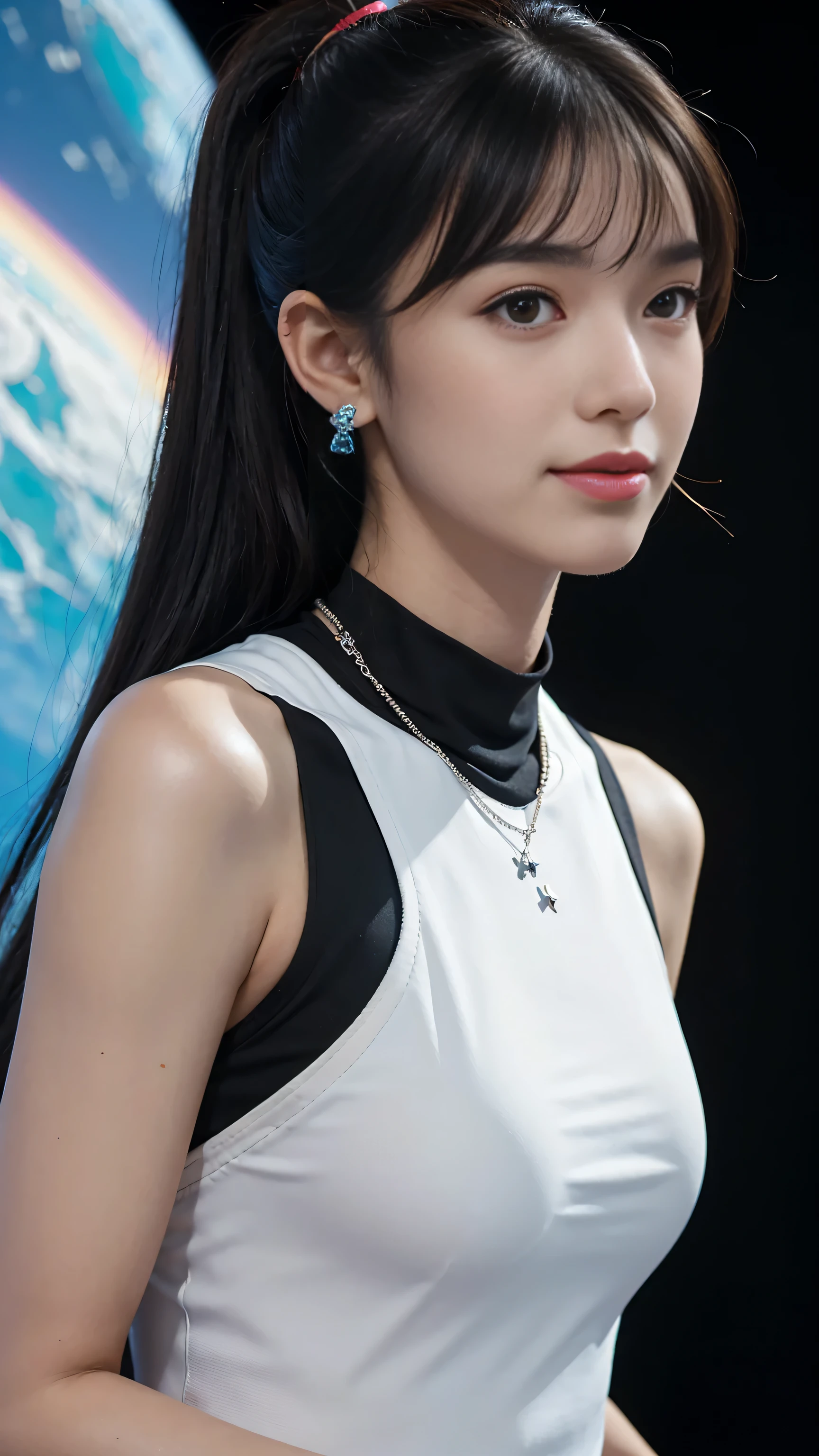 (Canon RF85mm f/1.2,best quality,Reality:1.4,light),Skin texture,Shiny),(necklace,earrings),Smile,Dynamic poses，((Representative works))((Best quality))，80s DBA style，girl，single，Long hair，Looking at the audience，Bangs，Bare shoulders，Keep your mouth shut，Upper Body，Ponytail，Black hair，Lips，Colorful clothes，Wearing a sci-fi space suit，clothed in space suit，Wearing sci-fi armor