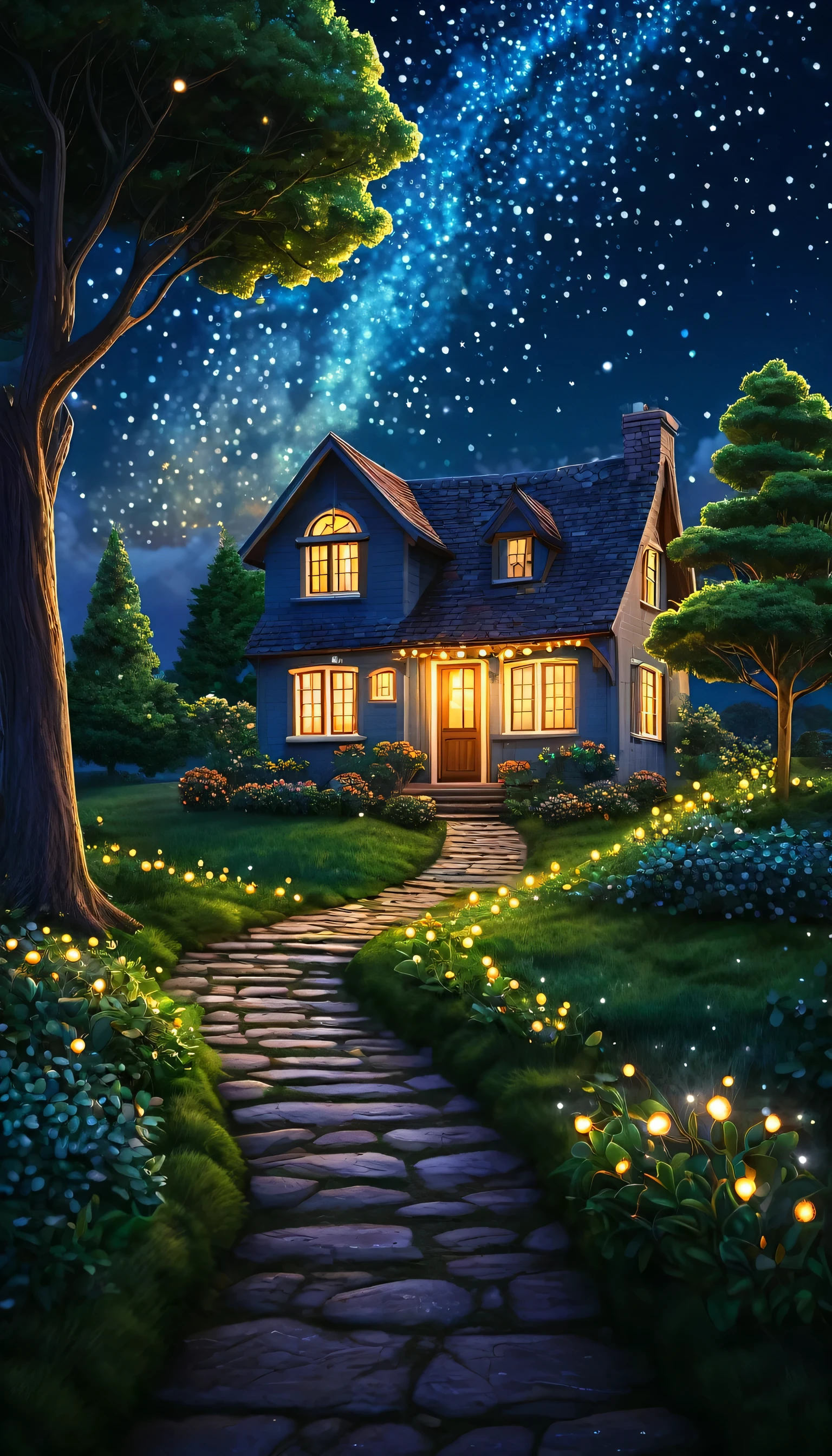 Digital illustration of a cozy cottage and an illuminated tree beneath a starry night sky filled with glowing clouds. The path to the house is dotted with tiny lights, and the windows emit a warm, inviting glow. The background features lush greenery, enhancing the serene and magical atmosphere.