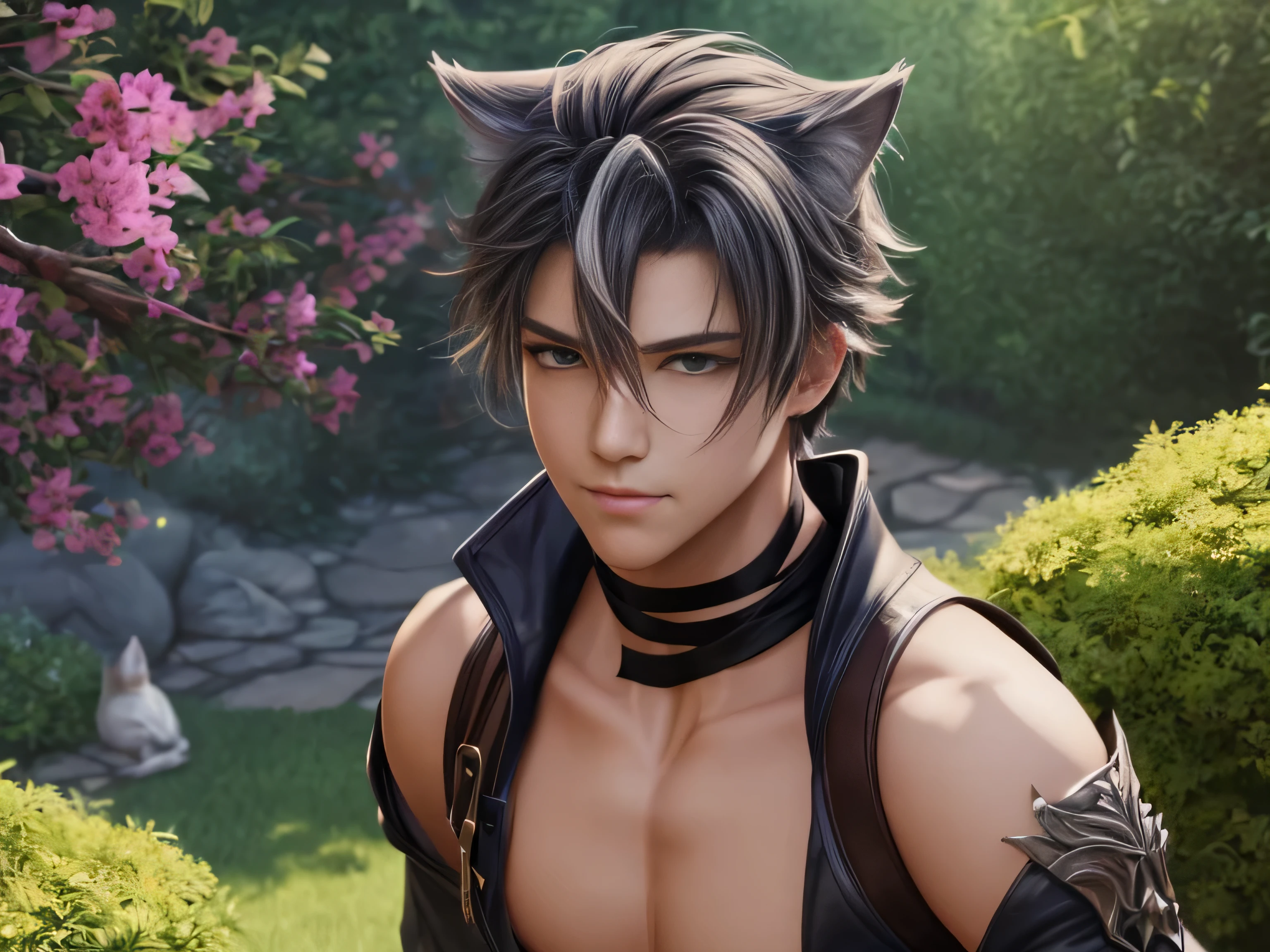 (Best Quality, 8K, Masterpiece, HDR, Soft Lighting, Picture Perfect, Realistic, Vivid), There is a garden with blue and pink flowers, there is a handsome man with cat ears lying on the grass, he has beautiful gray eyes and a kind smile, dark hair, he has a naked torso with a perfect body and black leather pants with military boots, he is stroking little cute foxes lying on the chest, (ultra high quality fantasy art, majestic fantasy style, masterpiece, ultra high quality male character design, 8k quality anime art, realistic anime art, highest quality wallpaper illustration, detailed ultra high quality accurate male face, high quality design and accurate physics , male character)(ultra high quality fantasy art, dark fantasy style, masterpiece, ultra high quality character design, 8k quality anime art , Realistic Anime Art, Highest Quality Wallpaper Illustration, Detailed Ultra High Quality Accurate Face, High Quality Design and Accurate Physics), Color Difference, Depth of Field, Dramatic Shadows, Ray Tracing, Best Quality, Highly Detailed CG, 8K Wallpapers, [Carefully Rendered hair [Read more about beautiful and shiny hair]] ,(Perfect hand detail [Beautiful fingers without breakage [Beautiful nails]],(Perfect anatomy (Perfect proportions)) [[Resembles the whole body]],[Perfect color combination (Accurate simulation of interaction light and material)], [Visual art that conveys the meaning of history]