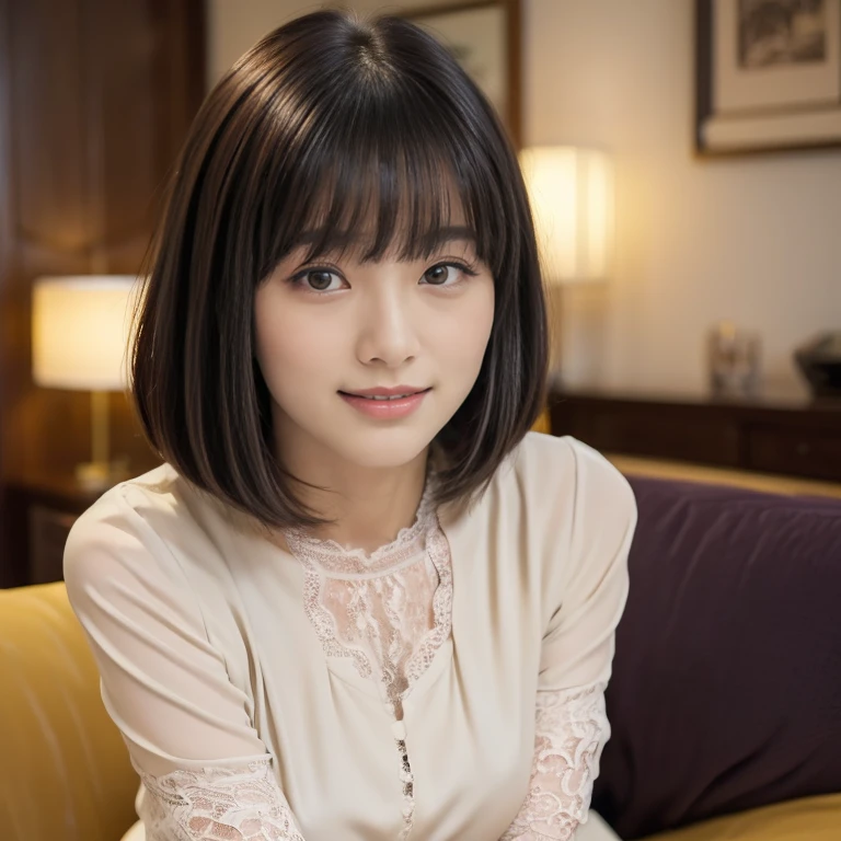 (Sensual look:1.9), ((Full Body Shot:1.9 highest quality)), (from below:1.0), (panorama:1.8), Cinema Lighting, (RAW Photos, highest quality), ( Realistic:1.4), realism, masterpiece, Very delicate and beautiful, Very detailed, 4K wallpaper, wonderful, finely, Very detailed CG unity 8k wallpaper, Very detailed, High resolution, Soft Light, Japanese, (one shot:1.9), (26 years old:1.6), Beautiful detailed woman,Famous Japanese actresses, ((Round face:1.2)), (Fat:0.8), Detailed face,Very detailed eyes and face, finelyて美しい目, (Straight Bob Hair:1.4), Shiny Hair, Brown Hair, (bangs:1.4), (Smiling:1.2), Natural Makeup, (Small breasts:0.8), Beautiful detailed girl, Very detailedな目と顔, Beautifully detailed nose, finelyて美しい目, Long, slender legs, (Lace blouse:1.4), (Long skirt:1.3), (Relaxing in the living room:1.4),