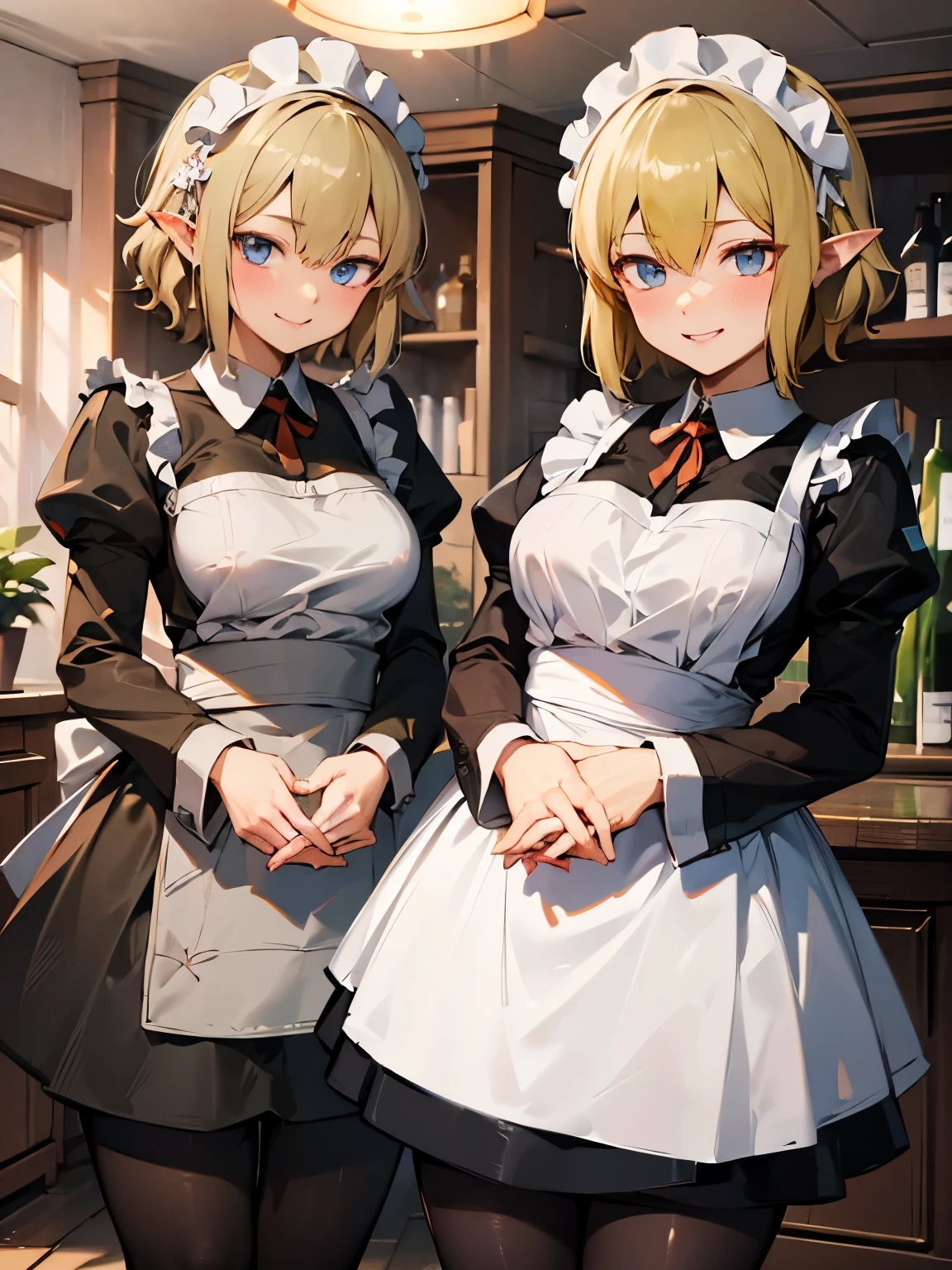 Ryu Lion、Blonde、blue eyes、Elf、Eye hair、Pointy Ears、short hair、(Small breasts:1.2),apron、黒pantyhose、dress、緑のdress、Long sleeve、Maid、Maidapron、Maid頭飾り、pantyhose、白apron,(Perfect hands),(Perfect Anatomy),(masterpiece),(highest quality),smile