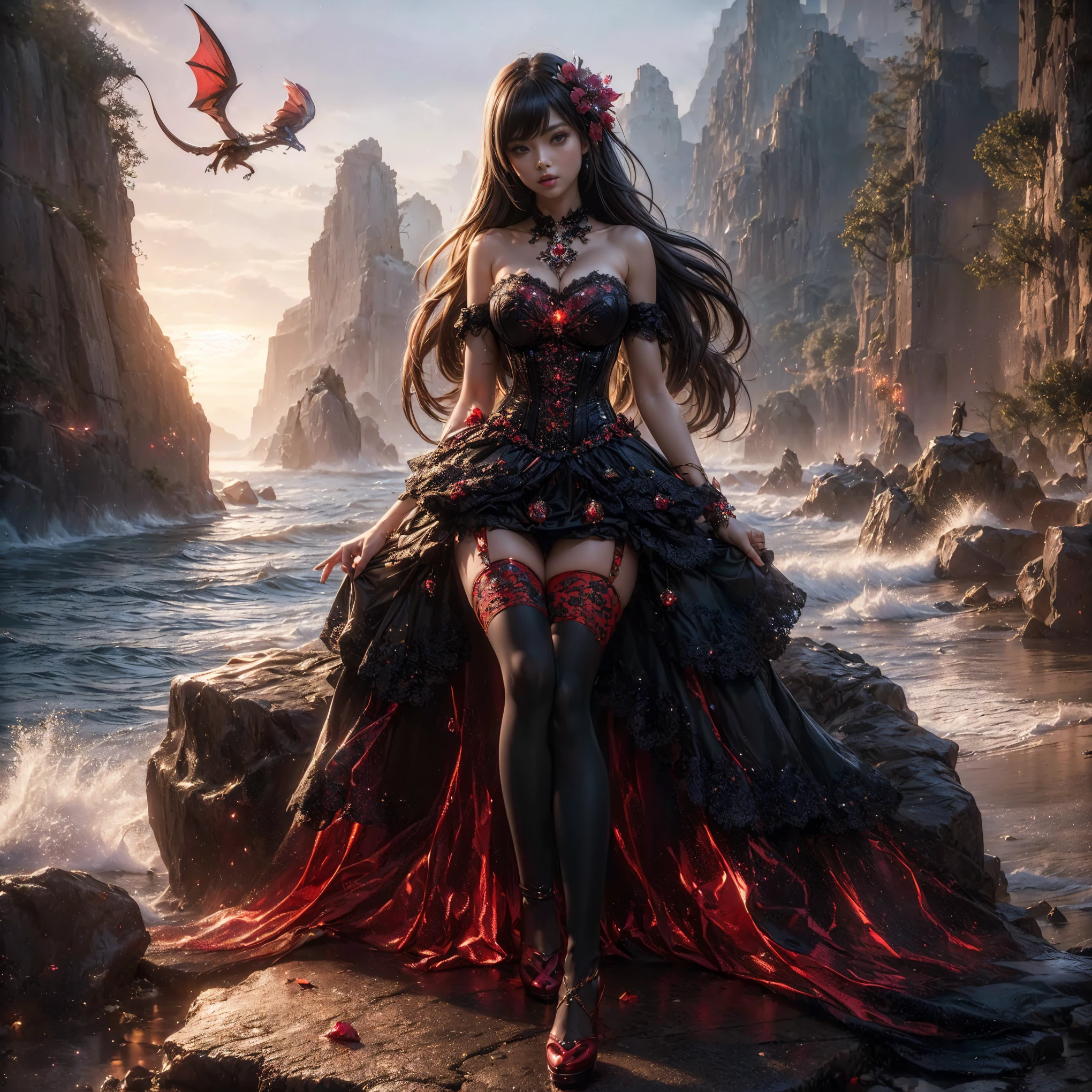 An asian woman with loose hair, standing on the stairs in the middle of a magical atmosphere, with a predominantly black and purple costume, a strapless corset-style dress decorated with bright purple jewels, a short tutu skirt, black thigh-high stockings with lace tops and ornaments purple jewels, white high heels with gold decoration, grand staircase background under mysterious sky full of stars and celestial bodies, crystal detailed, hyper realistic, hyper detail Transparent clothing, Detailed gemstones, masterpiece, best quality:1.2),,(8k,highres,RAW photo,realistic,photo-realistic:1.3),(detailed skin texture,detailed cloth texture, beautiful detailed face:1.25),professional lighting,photon mapping,beautiful soft light,radiosity,physically-based rendering,raytracing, model shoot style, model shoot style, (extremely detailed CG unity 8k wallpaper), full shot body photo of the most beautiful artwork in the world (NSFW), (Nude), (Naked), (Nipple) (pussy) (small pussy) (exposed pussy) (Navel) 