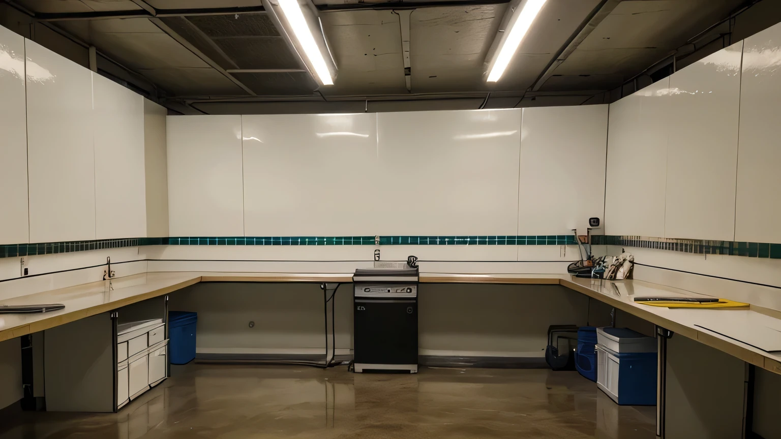 Empty Laboratory, con una mesa llena de frascos, pistolas ficticias, pantalla, Dark or dim underground laboratory
