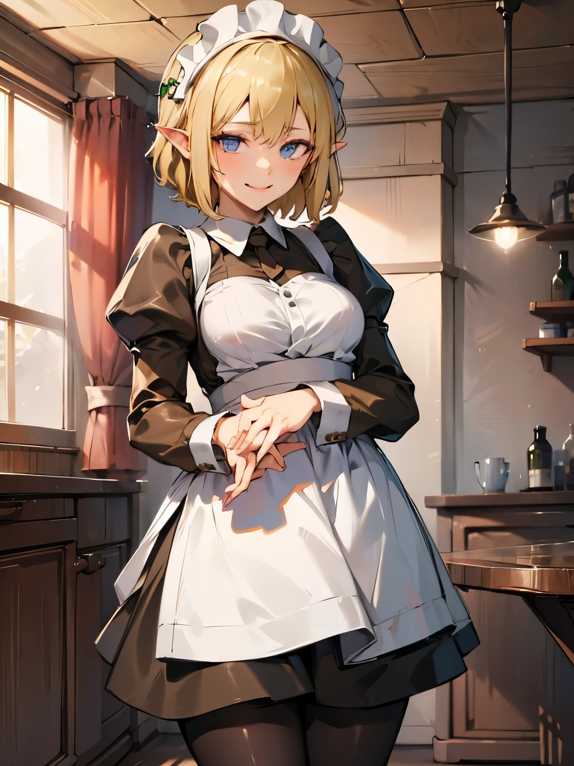 Ryu Lion、Blonde、blue eyes、Elf、Eye hair、Pointy Ears、short hair、(Small breasts:1.2),apron、黒pantyhose、dress、緑のdress、Long sleeve、Maid、Maidapron、Maid頭飾り、pantyhose、白apron,(Perfect hands),(Perfect Anatomy),(masterpiece),(highest quality),smile