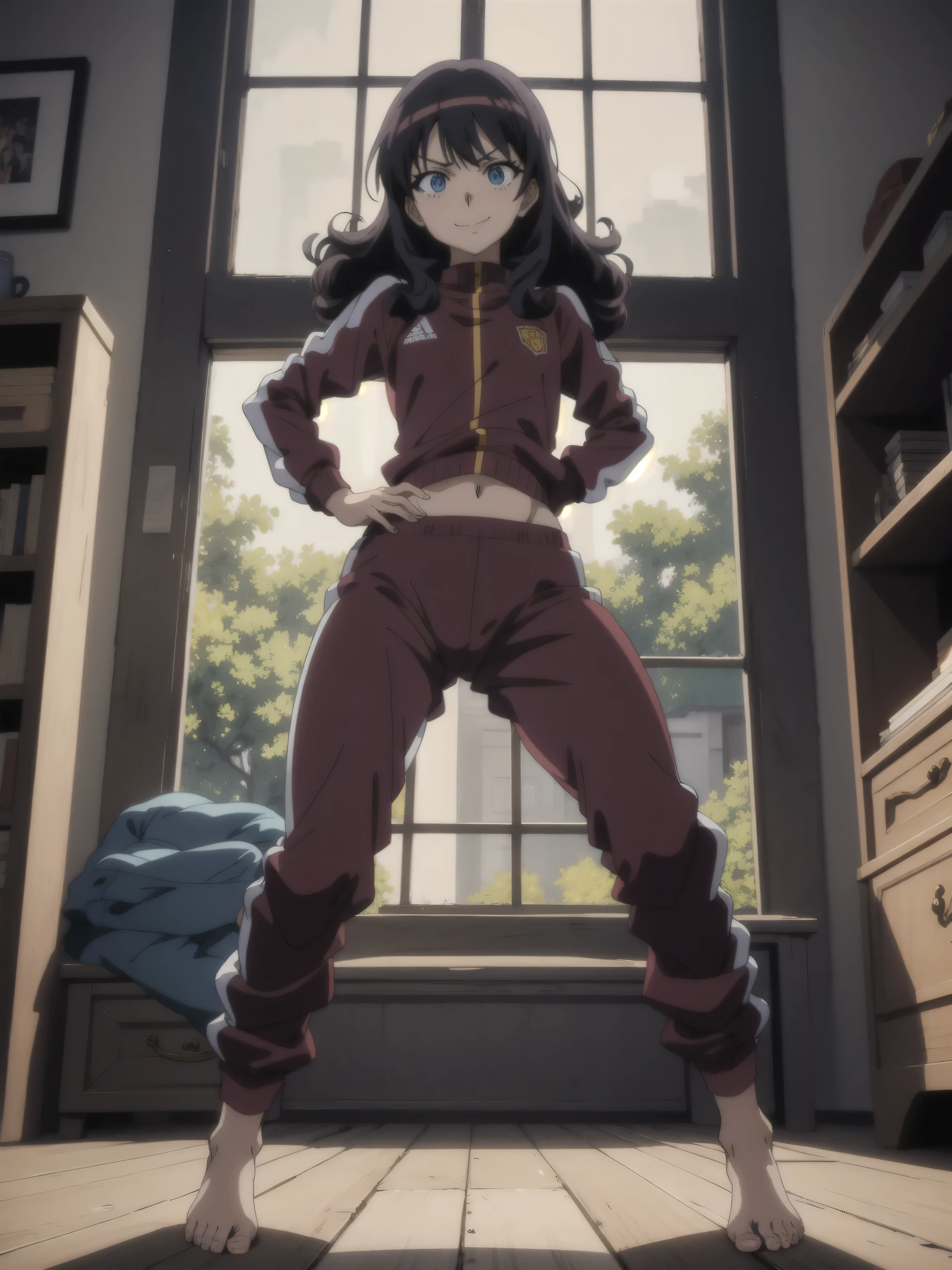 1girl,  angry, curly hair, looking at viewer,(beautiful detailed blue eyes), (Persona), squatting, spread legs,amagi_yukiko, over size(track suit pants), (hand on hips), from below, (), (beautiful antique shop room), (small window is open), barefoot, smile, (((Move your hips left and right))), sunset, ((((Anime Eyes)))), ((solo)), Long Hair, Focus on one girl