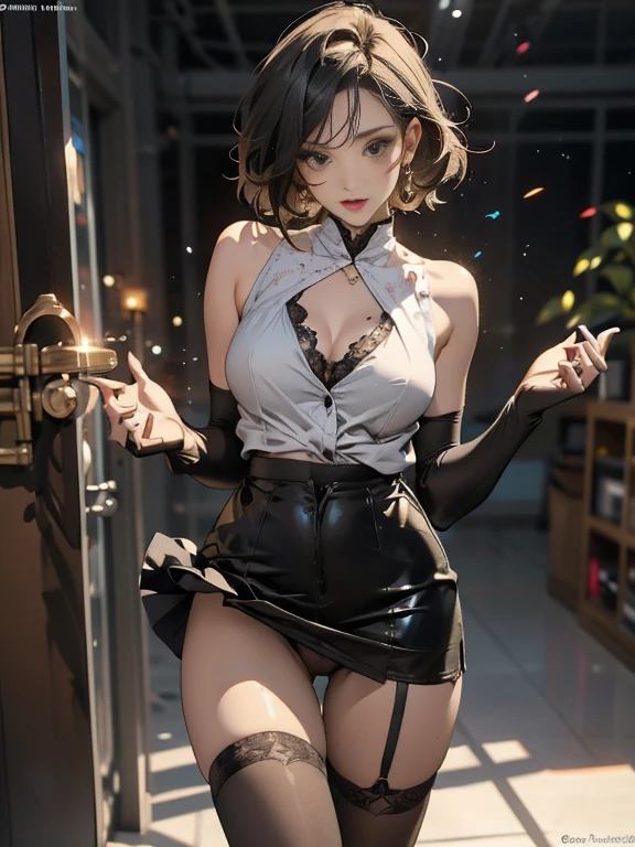 official art, unity 8k wallpaper, Super detailed, masterpiece, highest quality, (very detailed),(Raw photo,highest quality),(realistic,Photoreal:1.3),dynamic angle, fire glow effect, professional lighting, side light, cinematic light, ultra high resolution,best shadow, particles of light, Fine skin texture, detailed face, intricate details, Super detailed, shine,full body, masterpiece, royal background,beautiful face,blurred background,28 year old beautiful girl,shiny skin,thin,nice companion,delicate body、thin legs,beautiful black dress,black gloves, black thighhighs, white panties,sweaty,during the day,((Skirt flips up:1.2)),NSFW,sleeveless,tight clothes,Clothes sticking to the body,((chest expansion)),Extremely short mini skirt,raise one leg, Real World, Natural light,perfect Natural light,looking at viewer,