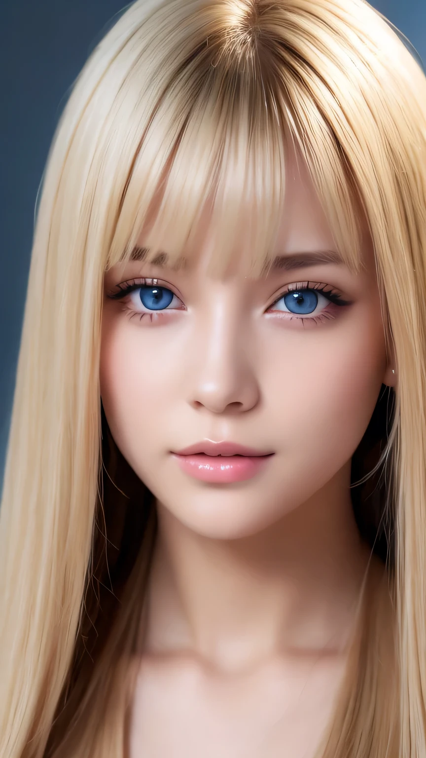 Portrait、、Bright expression、ponytail、Young shiny glossy white glossy skin、Great looks、Blonde reflection、Bangs between the eyes、bangs on the face、Platinum blonde hair with dazzling highlights、Shiny bright hair,、Smooth, super long, straight hair、Shiny beautiful bangs、Sparkling, crystal clear, attractive big blue eyes、Very beautiful, lovely and cute 16 year old girl、Ample Bust