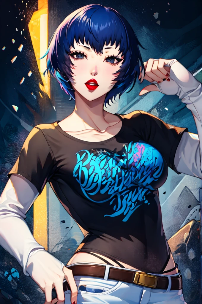 shiroganenaoto,dark blue hair, 1girl, solo, standing, black t-shirt, white shirt, blue jeans, belt, lipstick, large breasts,grey eyes