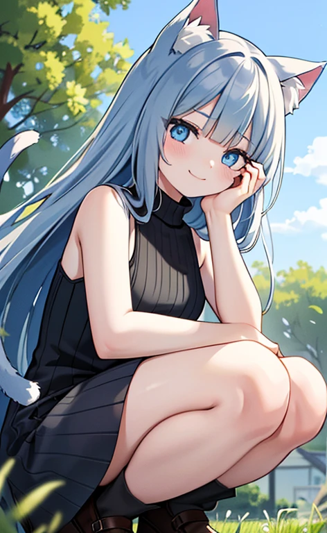 (masterpiece:1.4、top-quality、illustration)、(character focus、,cowboy shot:1.3)、(from below:1.4),(1girl),(forced smile:1.3),(Beautiful eyes:1.4),cute face,blue eyes、(tareme:1.3)、(cat ears,cat tails),
),(squatting:1.4),、(hand on own eyes:1.4)
(blue grey hair),(long hair:1.5)、
,(meadow:1.3),(sleeveless turtleneck dress:1.5),
(blunt bangs),(sidelocks:1.3), (small breasts)、
、slender、