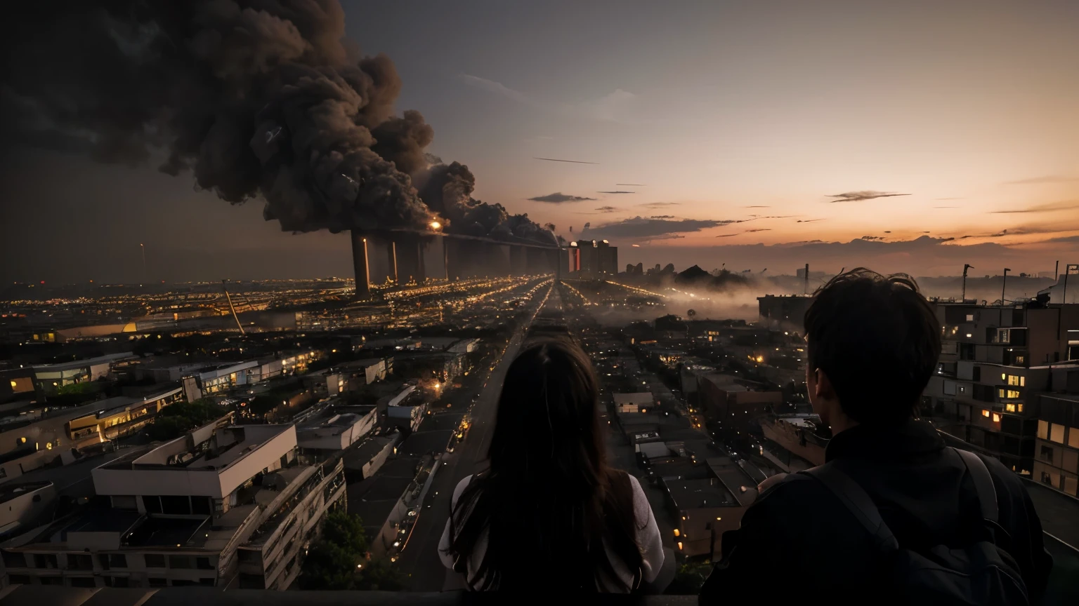 people look up at a dirty city sky filled with thick black haze and pollution at dusk