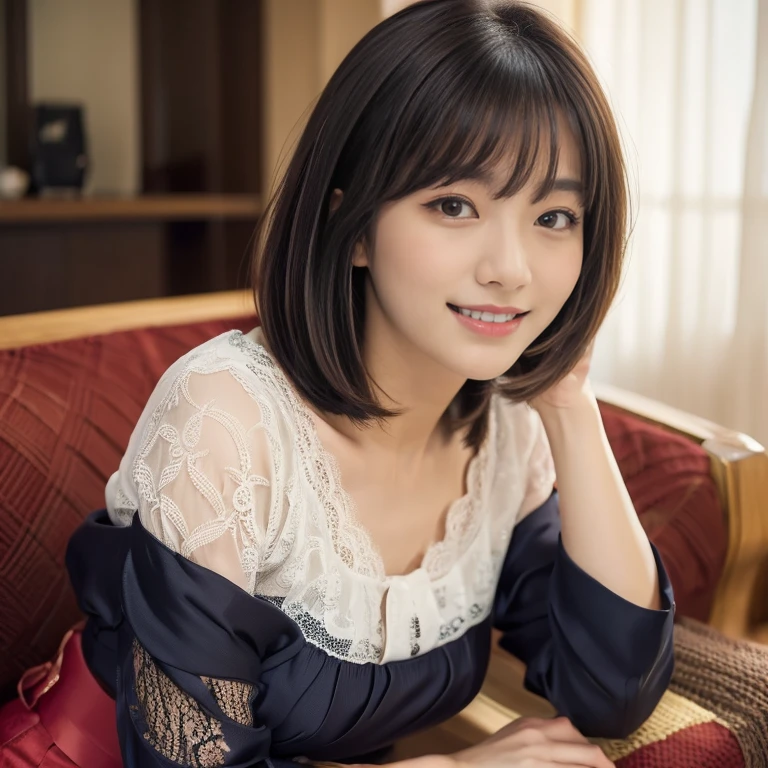(Sensual look:1.9), ((Full Body Shot:1.9 highest quality)), (panorama:1.8), Cinema Lighting, (RAW Photos, highest quality), ( Realistic:1.4), realism, masterpiece, Very delicate and beautiful, Very detailed, 4K wallpaper, wonderful, finely, Very detailed CG unity 8k wallpaper, Very detailed, High resolution, Soft Light, Japanese, (one shot:1.9), (26 years old:1.6), Beautiful detailed woman,Famous Japanese actresses, ((Round face:1.2)), (Fat:0.8), Detailed face,Very detailed eyes and face, finelyて美しい目, (Straight Bob Hair:1.4), Shiny Hair, Brown Hair, (bangs:1.4), (Smiling:1.2), Natural Makeup, (Small breasts:0.8), Beautiful detailed girl, Very detailedな目と顔, Beautifully detailed nose, finelyて美しい目, Long, slender legs, (Lace blouse:1.4), (Long skirt:1.3), (Relaxing in the living room:1.4),