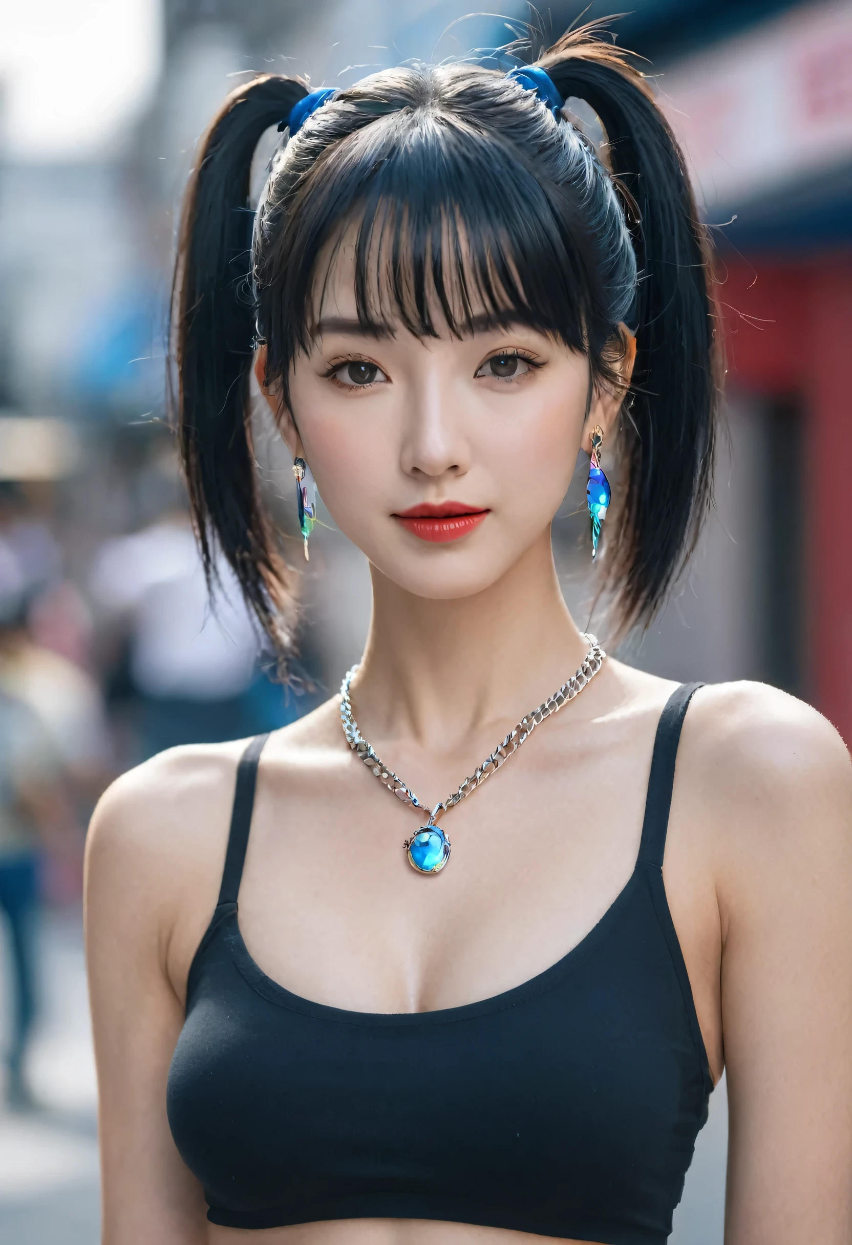 (Canon RF85mm f/1.2,best quality,Reality:1.4,light),Skin texture,Shiny),(necklace,earrings),Smile,Dynamic poses，((Representative works))((Best quality))，80s DBA style，girl，single，Long hair，Looking at the audience，Bangs，Bare shoulders，Keep your mouth shut，Upper Body，Ponytail，Black hair，Lips，Colorful clothes，Transparent Clothes，Science fiction，Cyberpunk clothes