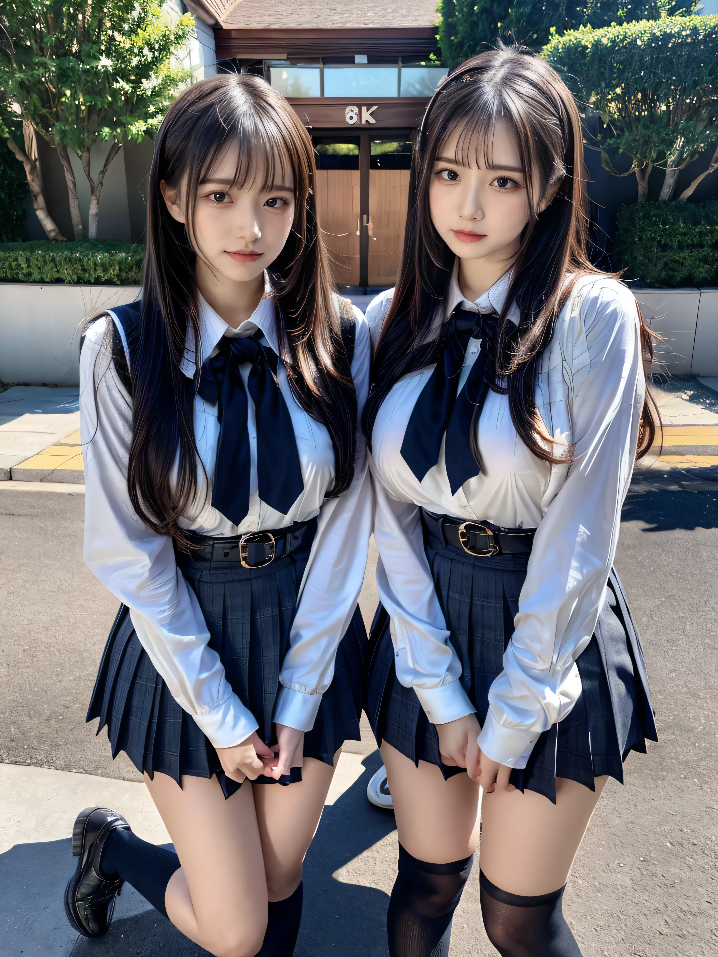 (8K, Raw photography, top-quality, masterpiece:1.2), muster piece, best quality, illustration, Super detailed, fine details, High resolution, 8K,wall paper, perfect dynamic composition,(Details High quality, realistic depiction of eyes:1.3), ((2 girls, 2 schoolgirls)), The background is a luxury hotel room、High school girl uniform、blazer 、Super Short Check Uniform Skirt、Navy blue high socks、garterbelts、Colossal tits、Disturbed uniform, Play with each other,Touching each other's bodies,Touching the body of the girl next door, short bob hair, black hair color, huge breasts, Big Natural Color Lip, bold sexy pose, (perfect body shape), crying a little、cold gaze, Beautiful makeup,glitter makeup,Cutest 18 years old、 beautiful legs, hposing Gravure Idol, Voluptuous thighs