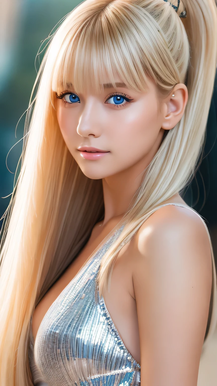 Portrait、、Bright expression、ponytail、Young shiny glossy white glossy skin、Great looks、Blonde reflection、Bangs between the eyes、bangs on the face、Platinum blonde hair with dazzling highlights、Shiny bright hair,、Smooth, super long, straight hair、Shiny beautiful bangs、Sparkling, crystal clear, attractive big blue eyes、Very beautiful, lovely and cute  girl、Ample Bust