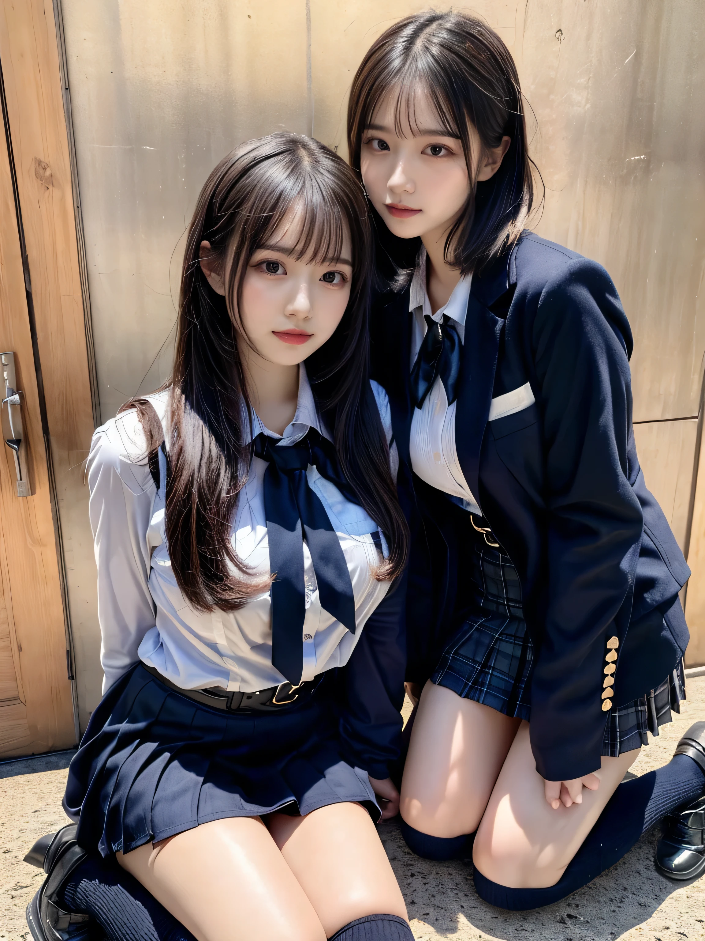 (8K, Raw photography, top-quality, masterpiece:1.2), muster piece, best quality, illustration, Super detailed, fine details, High resolution, 8K,wall paper, perfect dynamic composition,(Details High quality, realistic depiction of eyes:1.3), ((2 girls, 2 schoolgirls)), The background is a luxury hotel room、High school girl uniform、blazer 、Super Short Check Uniform Skirt、Navy blue high socks、garterbelts、Colossal tits、Disturbed uniform, Play with each other,Touching each other's bodies,Touching the body of the girl next door, short bob hair, black hair color, huge breasts, Big Natural Color Lip, bold sexy pose, (perfect body shape), crying a little、cold gaze, Beautiful makeup,glitter makeup,Cutest 18 years old、 beautiful legs, hposing Gravure Idol, Voluptuous thighs