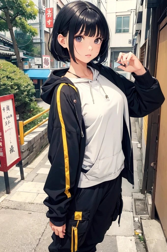 popart style,flat color,({Mia},1girl,japanese,tween,enjoy trip,(Jiufen, Amei Tea House),Taiwan, beautiful detailed face,(navy hair),((wavy-short hair)),parallel eyebrows,navy eyes with large irises,blunt bangs, fresh lips,small breasts,(5feet tall)),beautiful detailed scenery,very happy,. BREAK Oversized hemp blend hoodie,tapered cotton cargo pants,,dynamic angle, sharp,