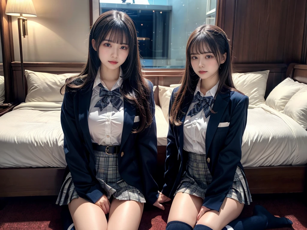 (8K, Raw photography, top-quality, masterpiece:1.2), master piece, best quality, illustration, Super detailed, fine details, High resolution, 8K,wall paper, perfect dynamic composition,(Details High quality, realistic depiction of eyes:1.3), ((2 girls, 2 schoolgirls)), The background is a luxury hotel room、High school girl uniform、blazer 、Super Short Check Uniform Skirt、Navy blue high socks、garterbelts、Colossal tits、Disturbed uniform, Play with each other,Touching each other's bodies,Touching the body of the girl next door, short bob hair, black hair color, huge breasts, Big Natural Color Lip, bold sexy pose, (perfect body shape), crying a little、cold gaze, Beautiful makeup,glitter makeup,Cutest 18 years old, beautiful legs, hposing Gravure Idol, Voluptuous thighs