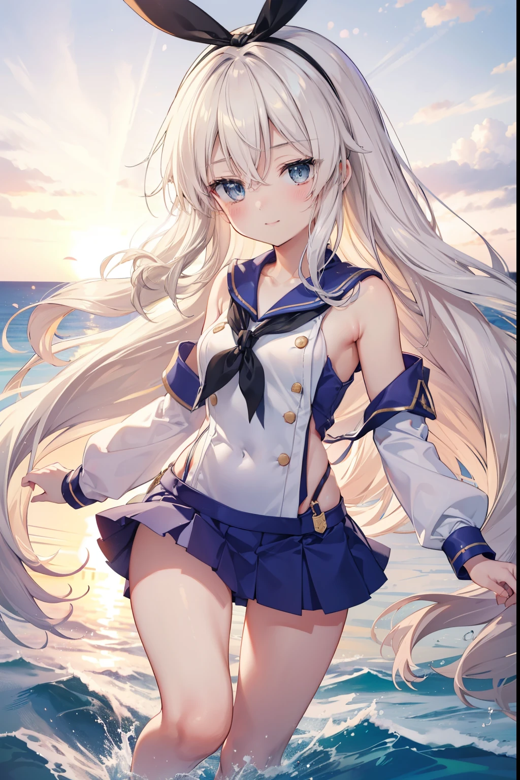 Island Breeze、blush,smile、Blonde、Combat Uniform、Sailor suit、Silver Hair、Long Hair、Fighting at sea、、The back is very small、Lolita、Small breasts、Please show me your armpits、exterior: 14 years old、Shoulder Bicle is visible、Sexy thighs、Beautiful feet、Usual hairstyle、highest quality, High resolution, unity 8k wallpaper, (shape:0.8), (Beautiful and beautiful eyes:1.6), Highly detailed face, Perfect lighting, Extremely detailed CG, (Perfect hands, Perfect Anatomy),